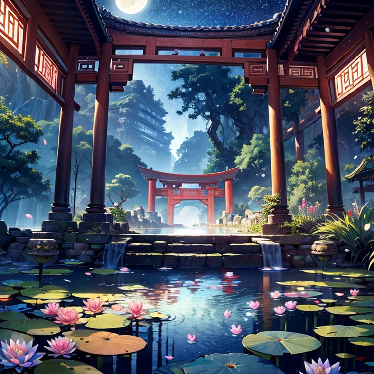 masterpiece, best quality, ultra-detailed, fine detailed, 8k, Starry sky, Full moon, large pond with water lilies, rocky area, rainforest, flower petals, ancient China, white red ruins, red bridge, mythology