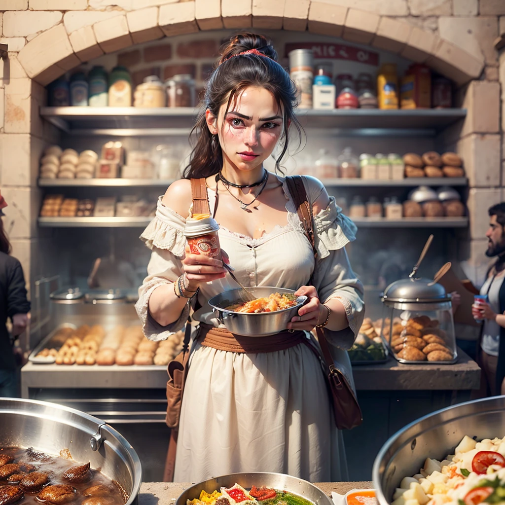 ((best quality)), ((masterpiece)), (detailed), perfect face, Hyper-realistic portrait of a Illustrate a bustling thermopolium with Romans purchasing and enjoying various street foods. Show the colorful array of food items being sold, and perhaps include a Roman citizen holding a portable food container. --auto --s2