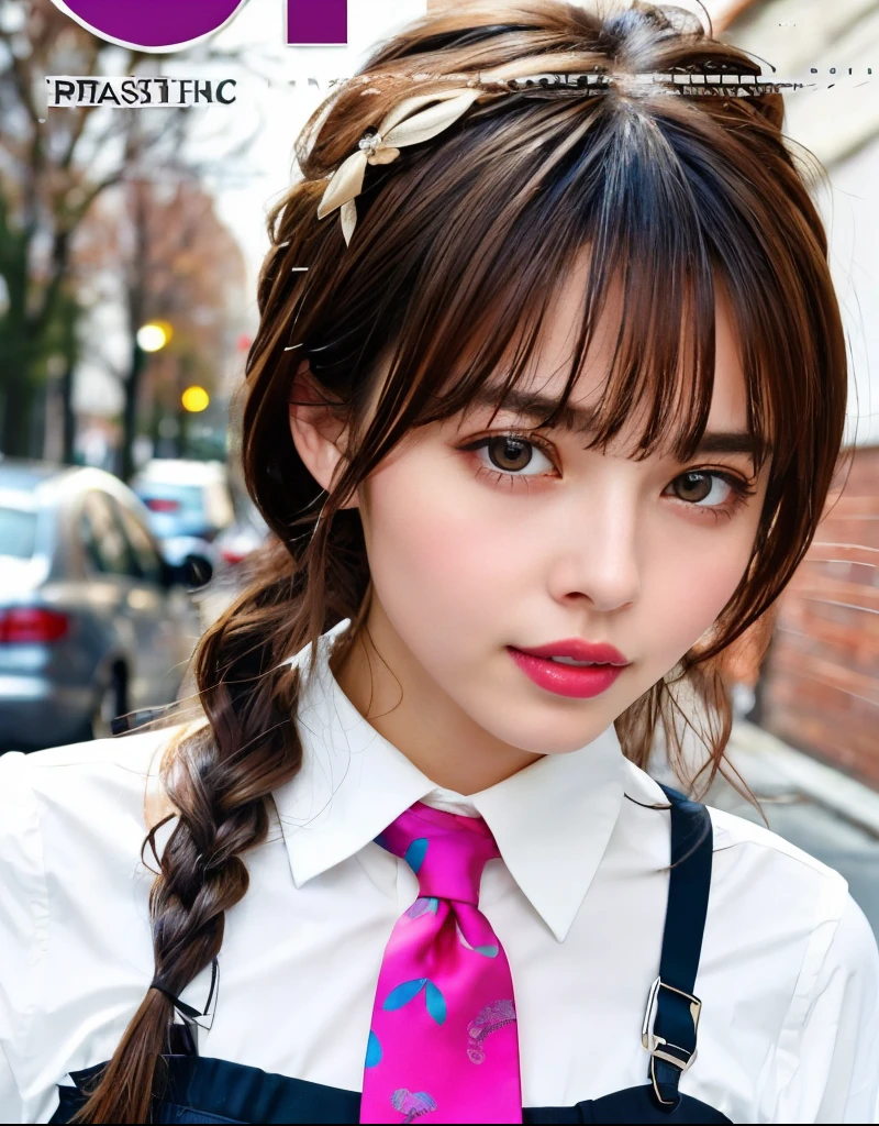 masterpiece, best quality, dynamic pose,full body, 1girl, bangs, necktie, black hair, pink skirt, blush, bracelet, breasts, choker, bows，collarbone, collared shirt, cowboy shot, sailor dress, sailor collards, ear piercing, eyebrows visible through hair, gradient hair, grin, gyaru, jewelry, kogal, long hair, looking at viewer, loose necktie, necktie, piercing, brown eyes, ring, school uniform, shirt, skirt, smile, solo, white shirt, street, sky, cherry blossoms, petals,illustration, (magazine:1.4), (cover-style:1.3), fashionable, woman, vibrant, outfit, posing, front, colorful, dynamic, background, elements, confident, expression, holding, statement, accessory, majestic, coiled, around, touch, scene, text, cover, bold, attention-grabbing, title, stylish, font, catchy, headline, larger, striking, modern, trendy, focus, fashion,