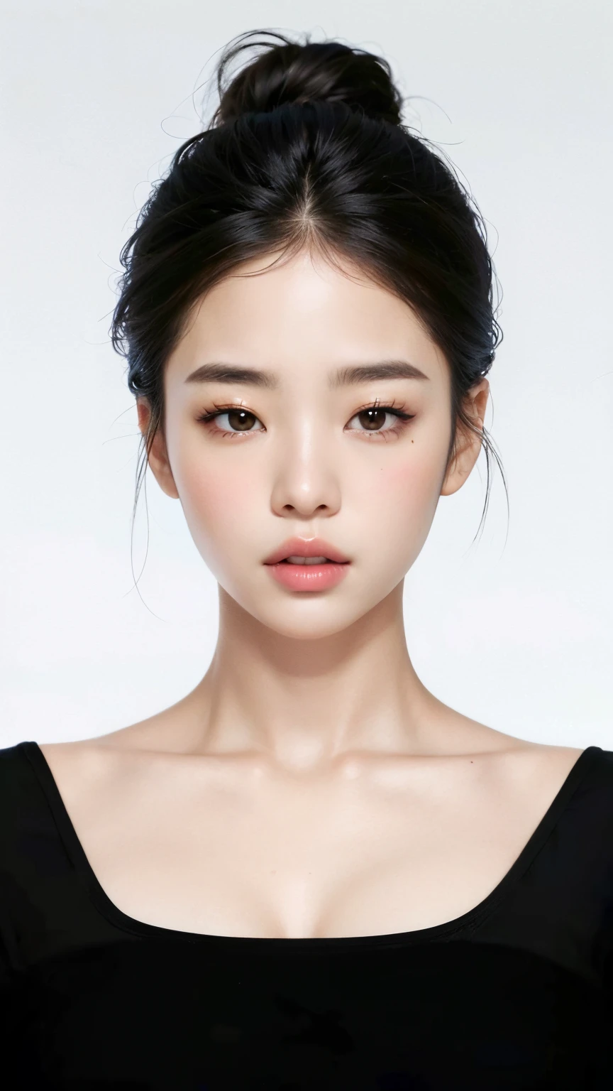 a woman with a black top and a black top is posing for a picture, korean symmetrical face, Mulher sul-coreana bonita, young adorable korean face, korean face features, jennie blackpink, mulher coreana jovem bonita, beautiful aesthetic face, south east asian with round face, belo rosto delicado, linda mulher coreana jovem, Mulher coreana, Asian face, menina coreana
