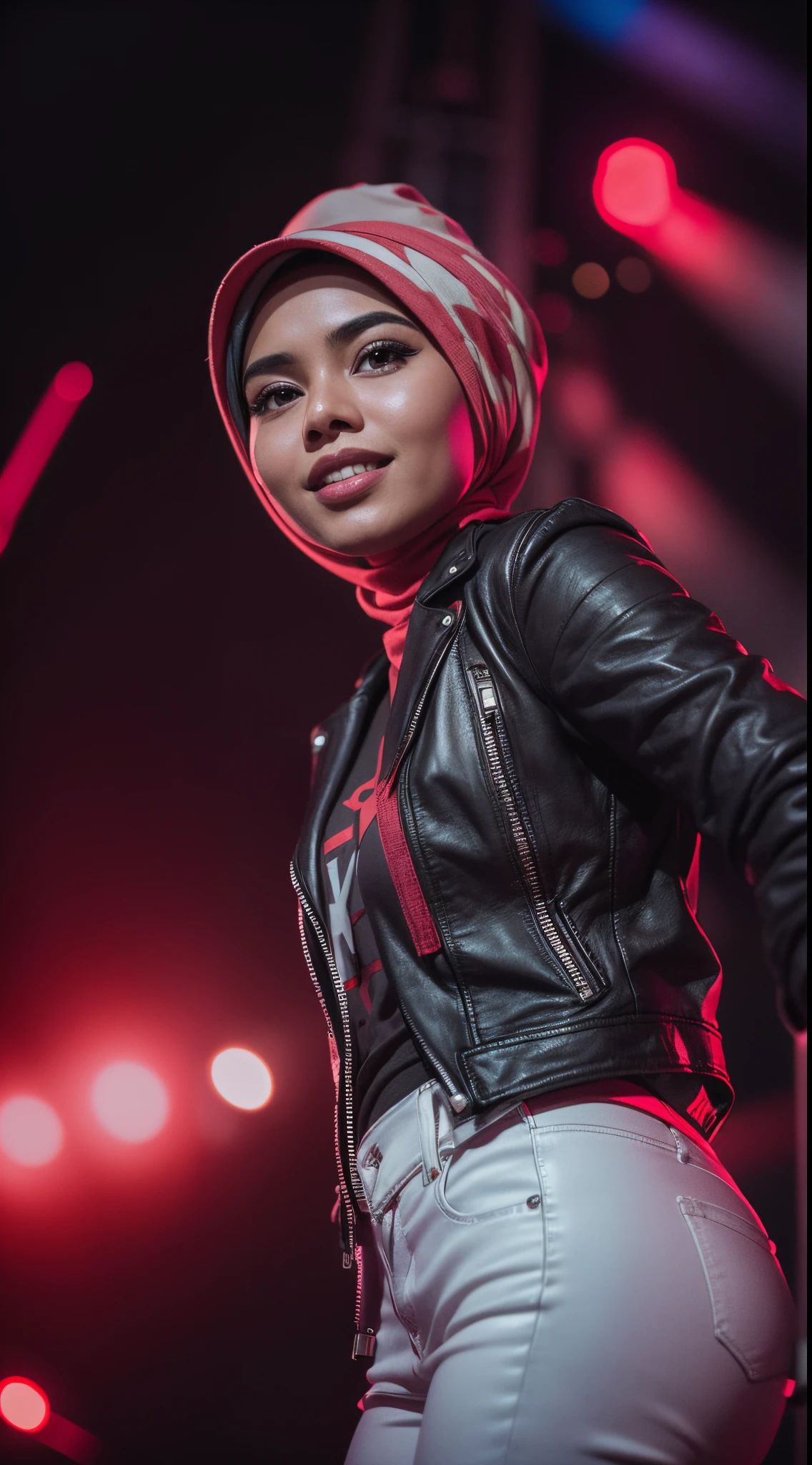 Portrait photography of a beautiful young malay girl in hijab wearing red tank top with leather jacket and white jeans watching a concert, nighttime, concert background, bright lighting, smile and happy gesture,style raw, Low angle shot, blue color grading, cinemascope, natural light, Dynamic shadows, horror film, high quality, ultra detail, 8k, Panavision DXL2 camera,