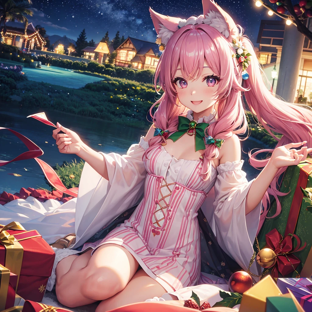 of the highest quality, High resolution, The perfect human structure, Background Focus, Front view, rainbow hair, Shiny hair, Wolf ears, Flower garden in the background, Christmas, santa, Santa Cosplay, picnic, Fun, Heart shaped pupils , Wavy Hair, Shiny hair, Smiling, Pink dress, Beautiful,