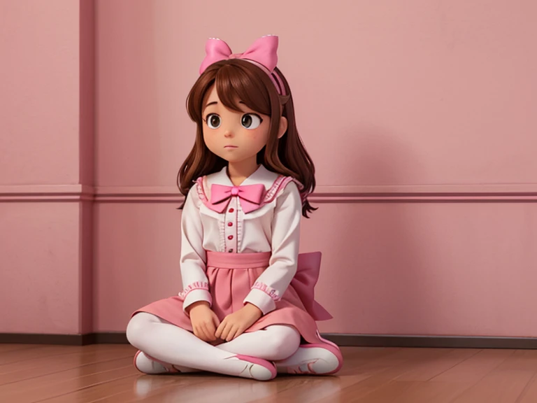 Imagem de perfil de a ,girl sitting on the floor character animation frames, identical character design in each frame, The girl is alone, Feliz, brown hair, olhos castanhos, bochechas rosadas, Traje de cowboy cor-de-rosa, pink bow, Botas Rosa, imagem vertical, fundo branco.