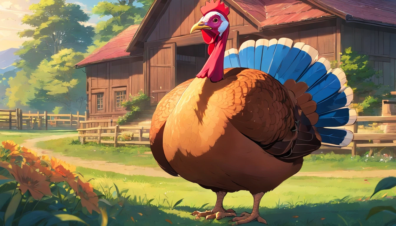 (masterpiece, best quality, ultra-detailed, 8k wallpaper), (close up shot of a turkey), at the barn, countryside, morning