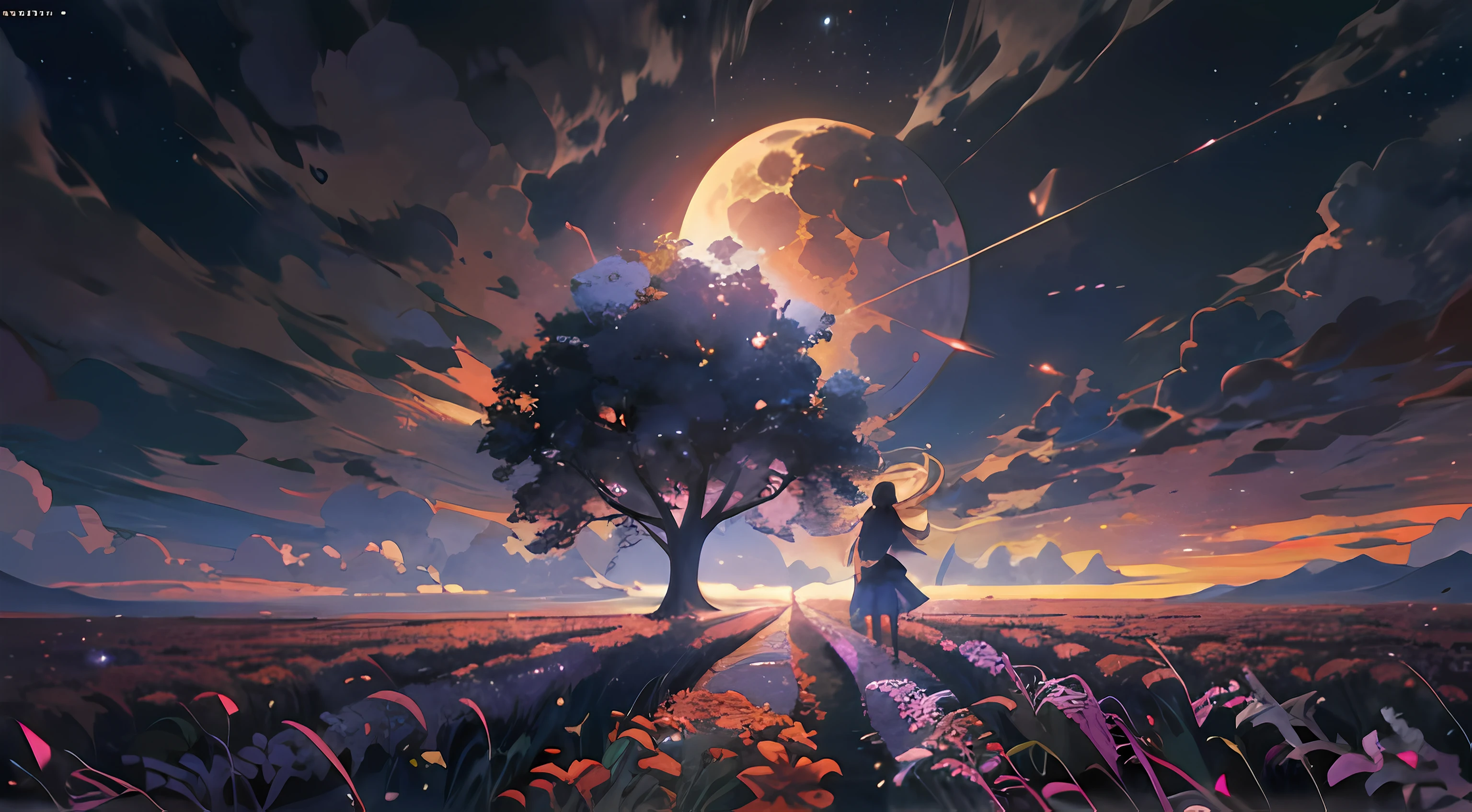 Expansive landscape photograph,(look from down,Above is the sky,Below are open fields),A girl standing on a flower field looking up,(moon full:1.2),(meteors:0.9),(Starcloud:1.3),Far Mountain, Tree BREAK making art,(Warm light source:1.2),(glowworm:1.2),lamp lights,Lots of purple and orange,Complicated details,Volumetriclighting,Realism BREAK(tmasterpiece:1.2),(best qualtiy),4K,Ultra-detailed,(dynamic compositions:1.4),The is very detailed,Colorful details,(Irridescent color:1.2),(luminouslighting,Atmospheric lighting),dream magical,magical,(独奏),ultra very long shot(ova) People from afar Great vision