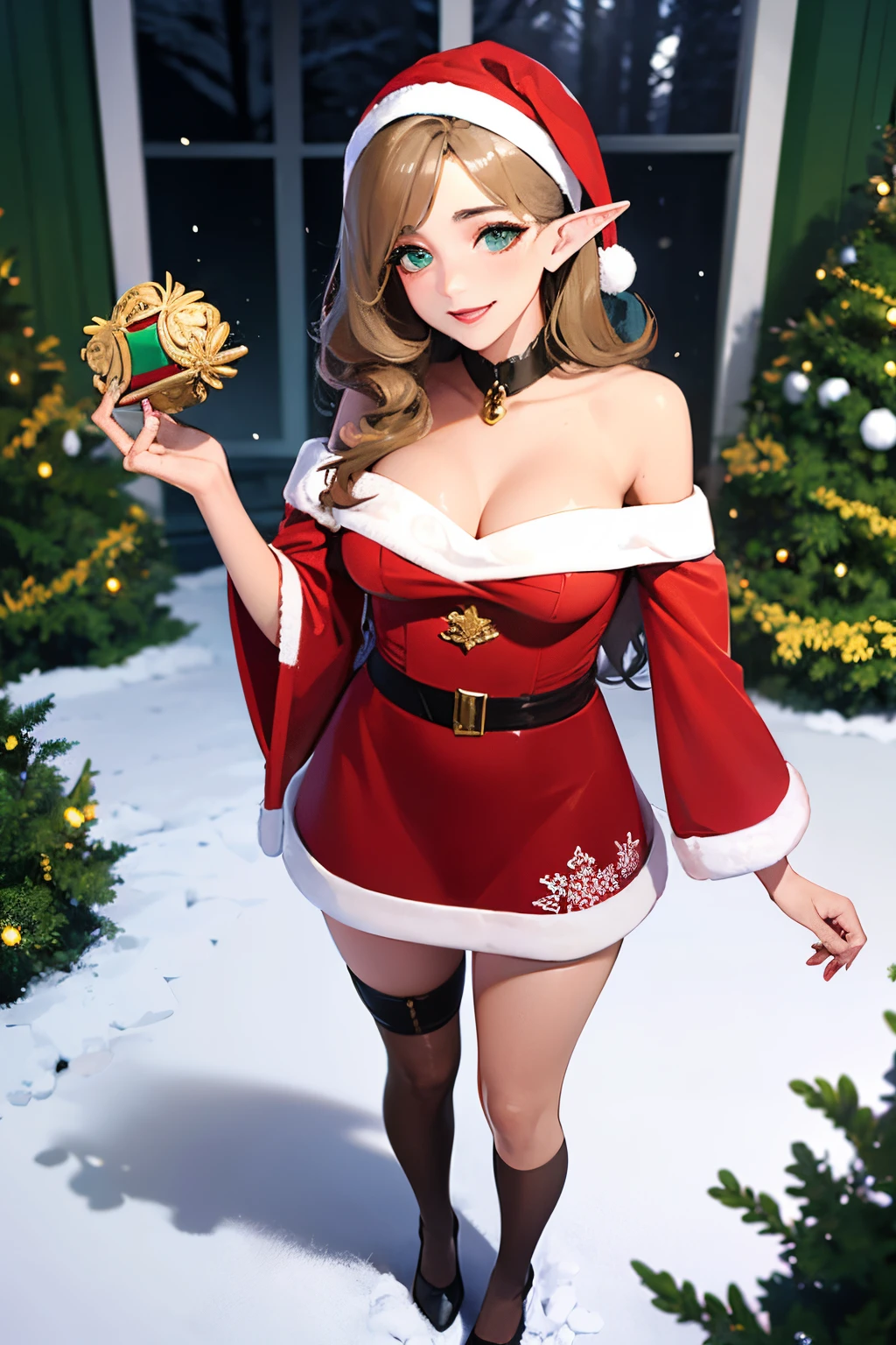 lipstick, a red and green sexy mini dress. She is surrounded by a winter forest with tall evergreen trees covered in snow. The sunlight filters through the branches, creating a magical, ethereal atmosphere. The elf woman is holding a small gift box in her hands, and her eyes are filled with excitement and anticipation. The scene is captured in a stunning, high-resolution portrait format, with vibrant colors and intricate details. The lighting is soft and warm, enhancing the enchanting beauty of the woman and the surrounding landscape. The overall style of the image is a blend of realism and fantasy, with a touch of romanticism. Full body, nipple slipping out of dress