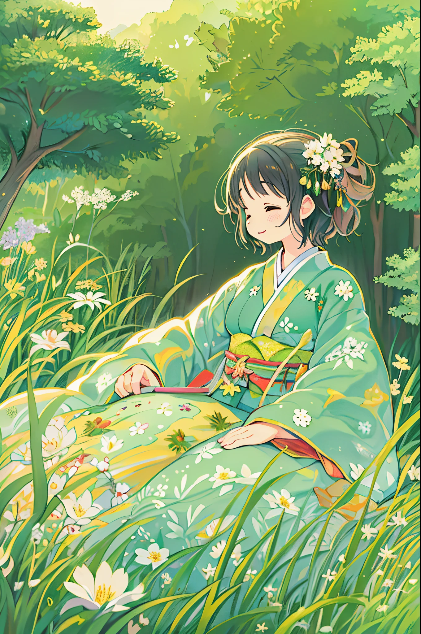 fairytale illustration/Reiko Ikemura, pixabay, simple art, full color illustration, Cute fairy tale illustration, Picture book illustration, Illustration, Hayao Miyazaki's style, In the field, Kimono, Kimono、Two girls、lesbian、Sleep with a happy face