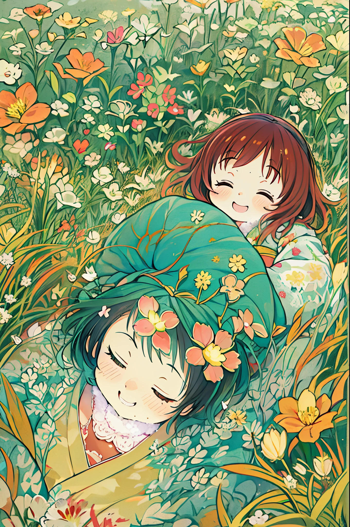 fairytale illustration/Reiko Ikemura, pixabay, simple art, full color illustration, Cute fairy tale illustration, Picture book illustration, Illustration, Hayao Miyazaki's style, In the field, Kimono, Kimono、Two girls、lesbian、Sleep with a happy face