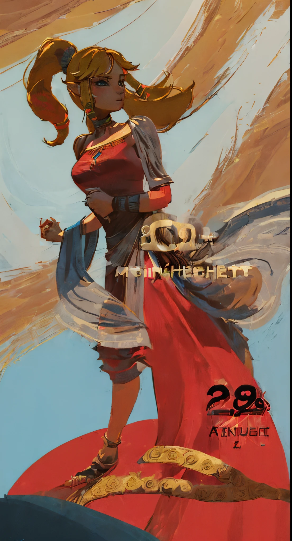 (adult:1.6)(29 years old:1.7)(masterpiece, best quality:1.2), 1girl,solo,(looking at viewer), princess, Zelda, red theme, long strapless dress, blonde hair, bare shoulders, blue eyes, palace, ponytail,(blushing), (collar), (smiling:0.8),(see-through:0.3)(eyes open:1.3),(excited:0.4)(surprised:0.5)(affectionate:0.9)(detailed)