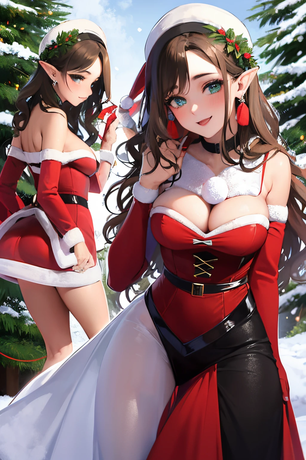 lipstick, a red and green sexy mini dress. She is surrounded by a winter forest with tall evergreen trees covered in snow. The sunlight filters through the branches, creating a magical, ethereal atmosphere. The elf woman is holding a small gift box in her hands, and her eyes are filled with excitement and anticipation. The scene is captured in a stunning, high-resolution portrait format, with vibrant colors and intricate details. The lighting is soft and warm, enhancing the enchanting beauty of the woman and the surrounding landscape. The overall style of the image is a blend of realism and fantasy, with a touch of romanticism. Full body, nipple slipping out of dress