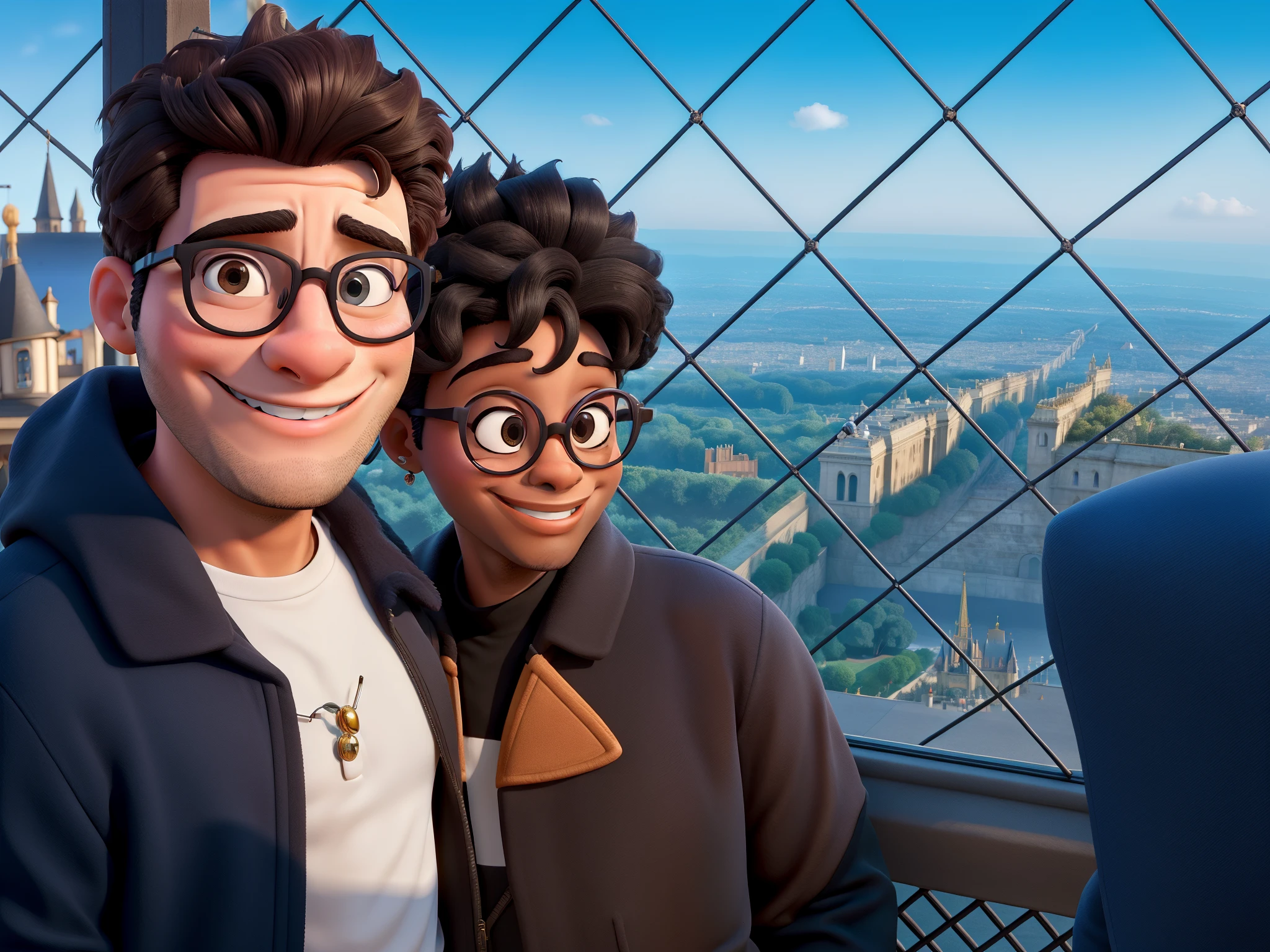 Casal preto estilo Disney , casal preto, he with glasses, ela sorrindo, ao fundo paris