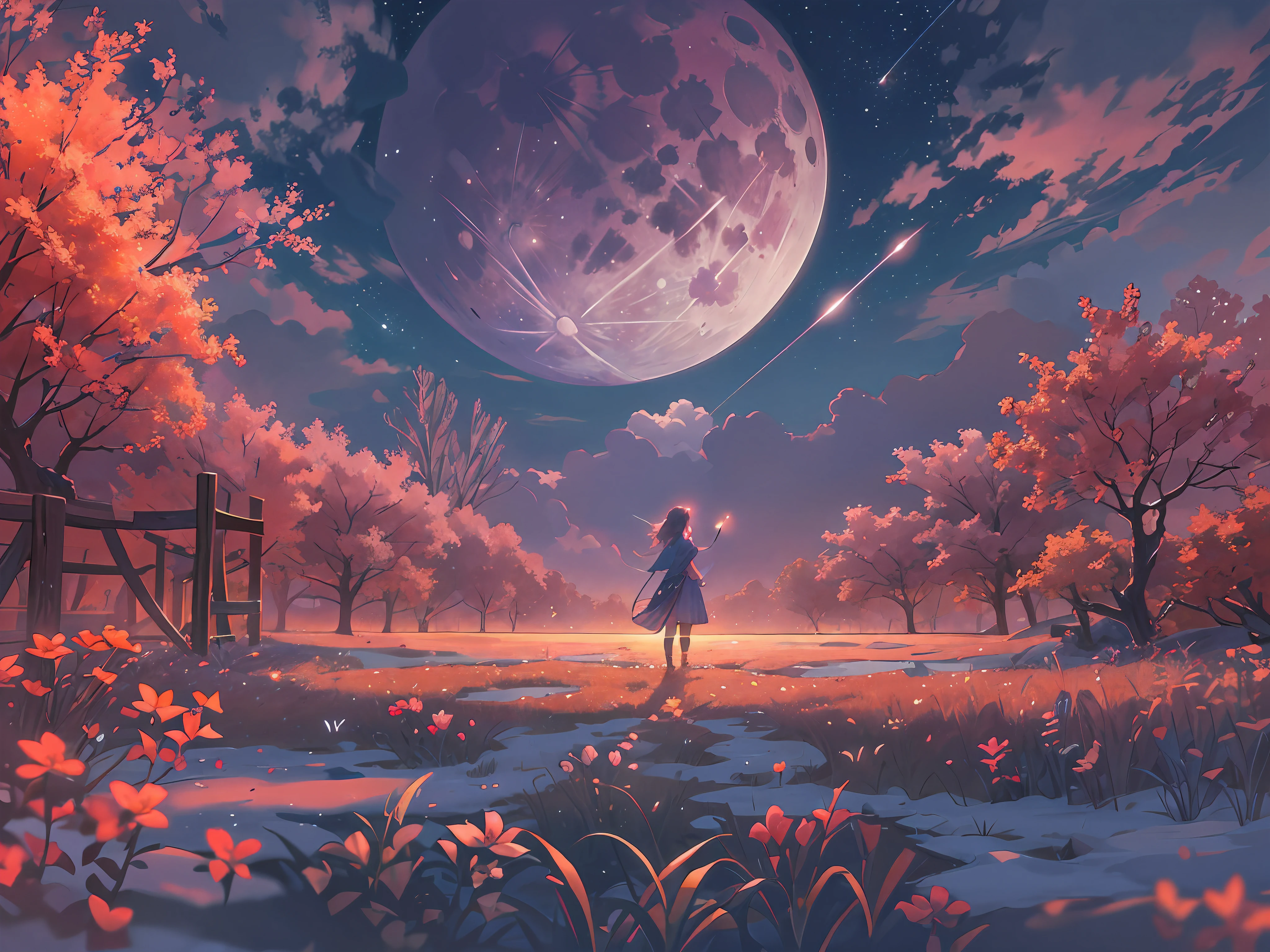 A wide landscape photo, (viewed from below, the sky is above, and the open field is below), a girl standing on a flower field looking up, (full moon: 1.2), (meteor: 0.9), (nebula: 1.3), distant mountains , Trees BREAK Crafting Art, (Warm Light: 1.2), (Firefly: 1.2), Lights, Lots of Purple and Orange, Intricate Details, Volumetric Lighting BREAK (Masterpiece: 1.2), (Best Quality), 4k, Ultra Detailed, (Dynamic Composition: 1.4), Rich in Detail and Color, (Rainbow Color: 1.2), (Glow, Atmospheric Lighting), Dreamy, Magical, (Solo: 1.2)