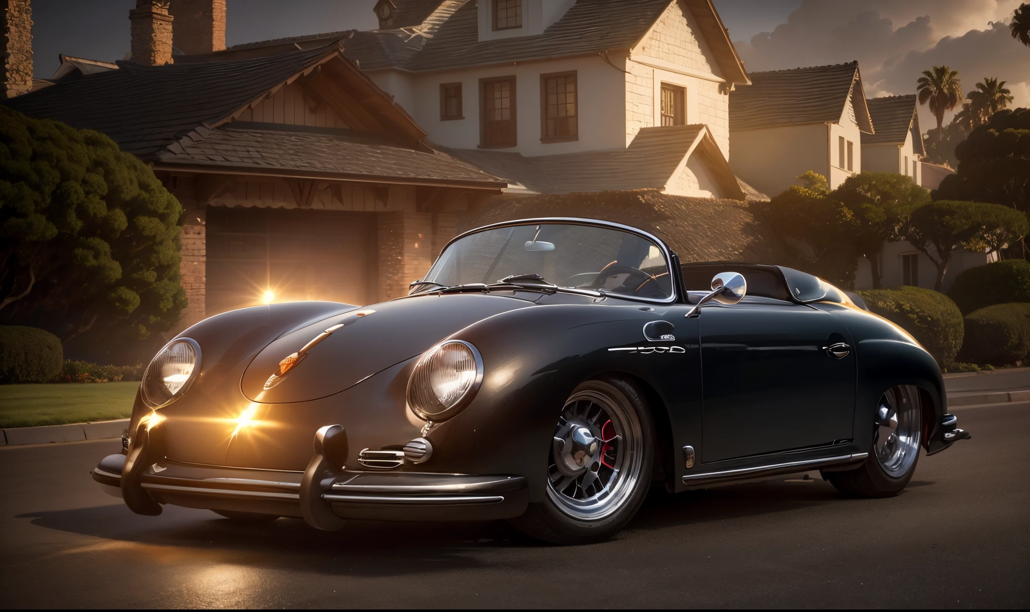 Um imponente e poderoso Porsche 356 Speedster com rodas estilizadas e brilhantes, Lighthouses illuminated against the background of beautiful mansions in sunny California in the wet, rua reflexiva