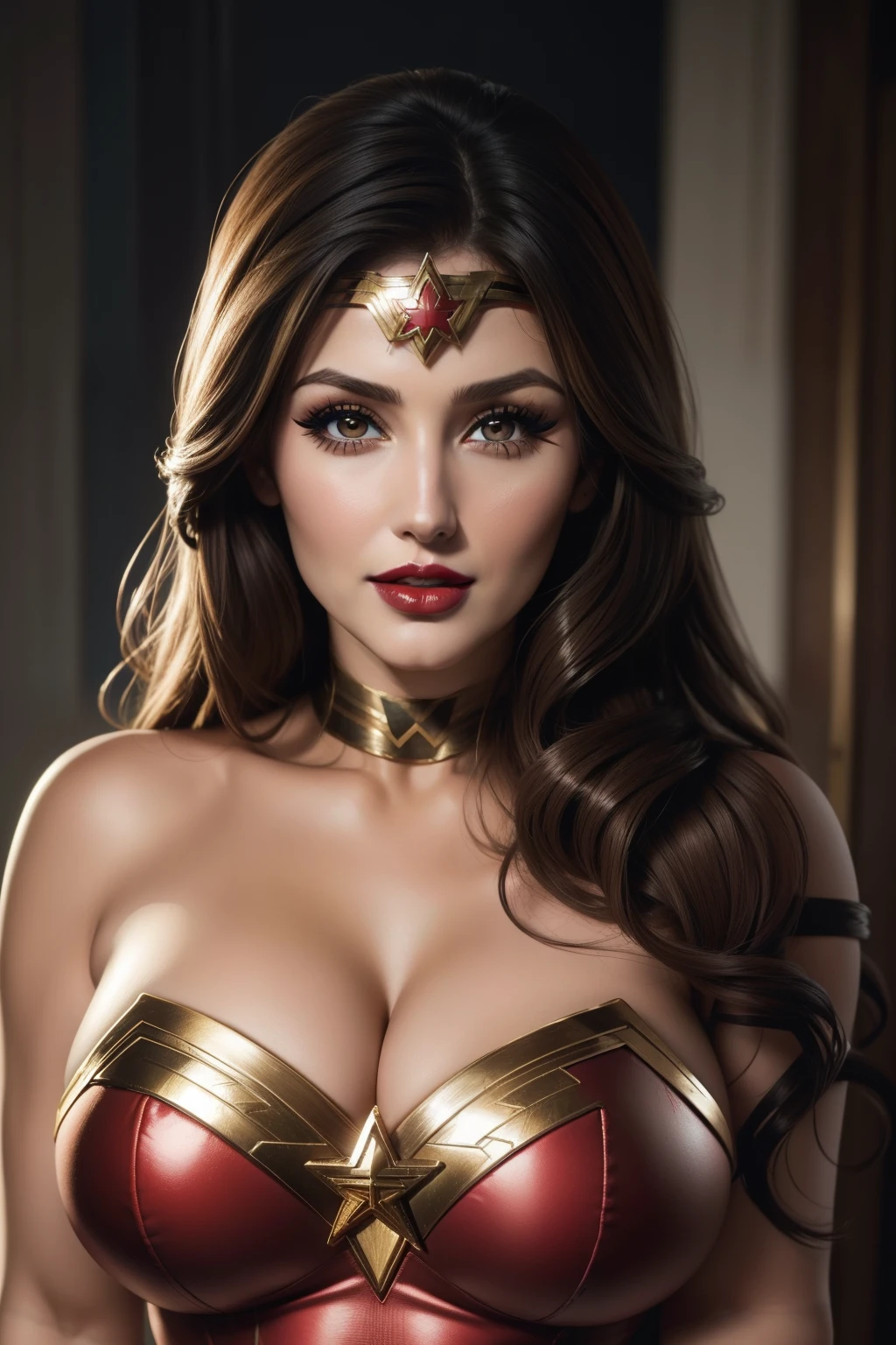 Lucy Pinder, smiling, ((Very Intense Makeup)), ((Brilliant lipstick)), cleavage, Wonder Woman, DC comics