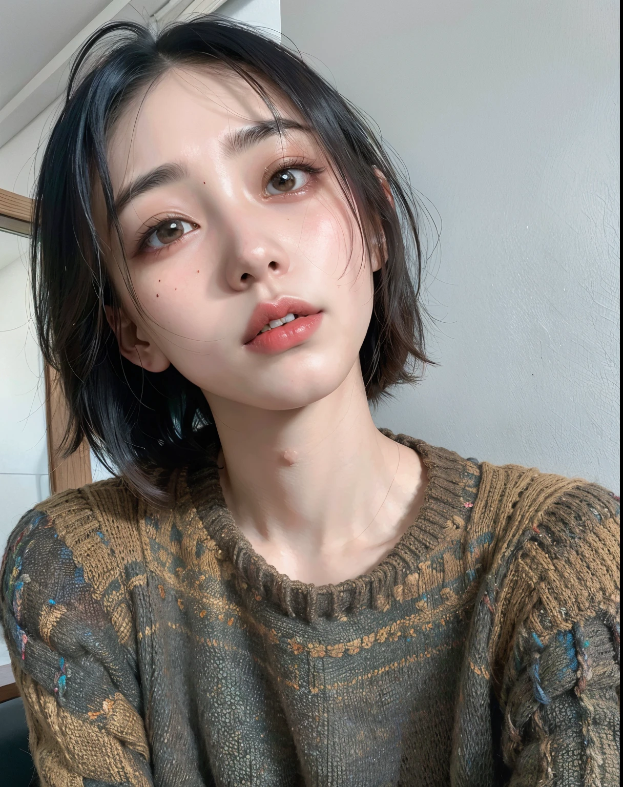 Arafed woman in a sweater sitting in front of a mirror., Kiko Mizuhara, con el pelo corto, Kimi Takemura, Chiho, Heonhwa Choe, Chiho Ashima, Xintong Chen, Xision Wu, Sui Ishida con cabello ?????, El Corte Hime, Wenfei Ye, Acerca de Ishida, Lulu Chen