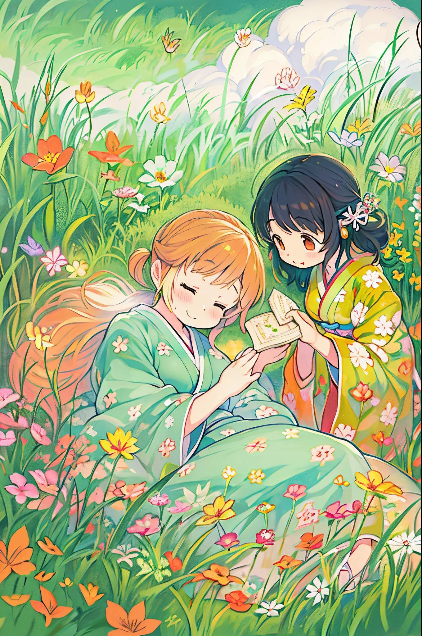 fairytale illustration/Reiko Ikemura, pixabay, simple art, full color illustration, Cute fairy tale illustration, Picture book illustration, Illustration, Hayao Miyazaki's style, In the field, Kimono, Kimono、Two girls、lesbian、Sleep with a happy face