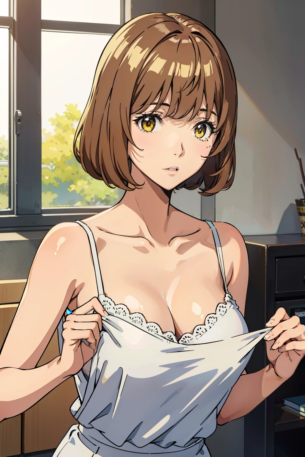 Best Quality, masutepiece, Brown hair, Yellow eyes, Yuriko Aoki, Stand in the changing room, Embarrassed look, oversized tits, White camisole:1.5, no-bra, Thin fabric, The upper part of the body, Close-up on the chest
