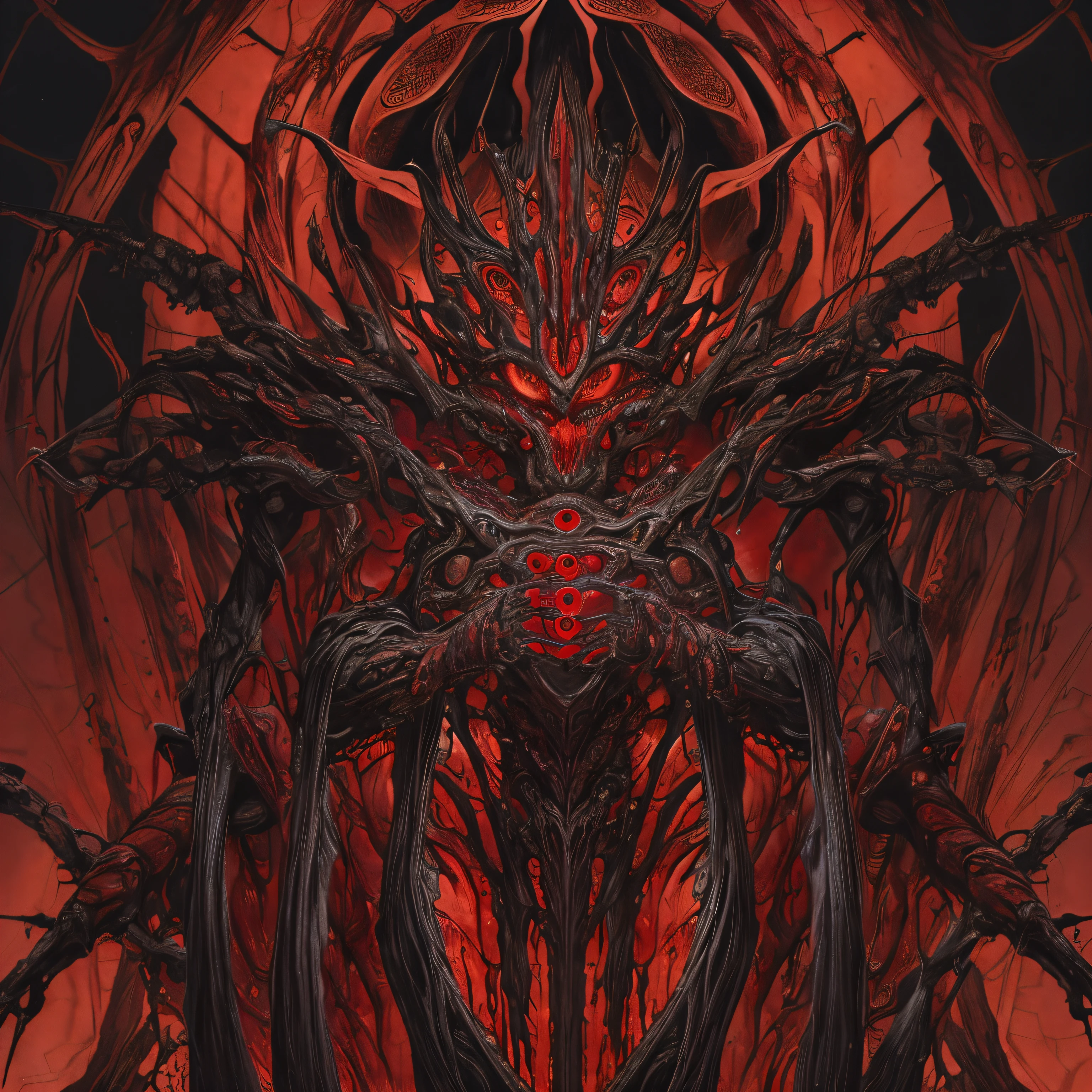 (masterpiece, best quality: 1.2), ultra detailed, highest detail, (body horror: 1.4), (biomachine: 1.3), (bloody: 1.2), living being, (colorful: -1.0), satanic, (machine: 1.3), Hans Giger, many hands, (zentangle: 1.2), black color scheme