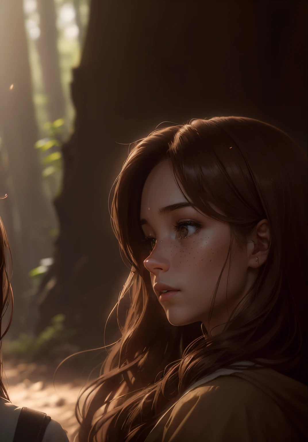 ((1female, 1woman, solo) Bella Swan, Human girl, long wavy chestnut brown hair, light chocolate brown eyes, freckles, teenager, 18 years old, forest background, curious expression) (Masterpiece, super detailed, 8K, (High-Definition, Sunlight:0.5, Soft_Shadows:0.5, Atmospheric_lighting, 8k, 4k, hyper-realistic, elegant, ((((cinematic appearance)))), soft tones, soft cinematic lights))