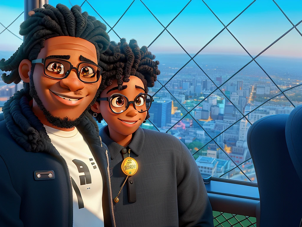 black man with glasses,  cabelo crespo, mulher negra, cabelo crespo, em afro puff, sorrindo,  ao fundo paris, Disney Pixar poster style in high resolution