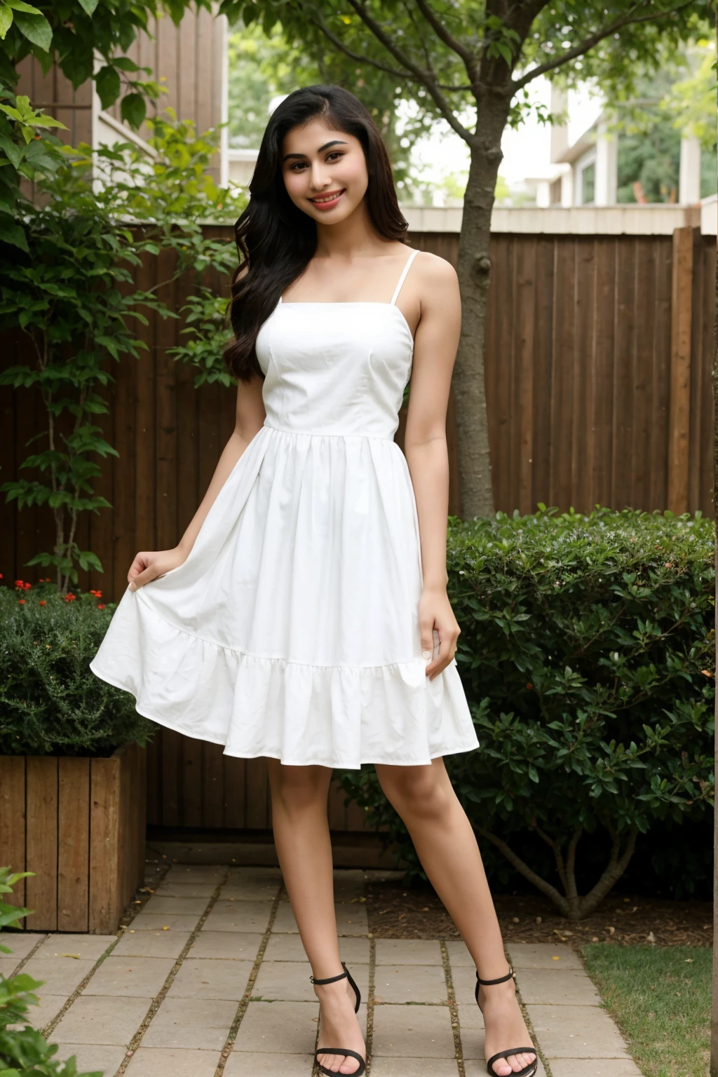 14 years old girl named mouni roy, wearing sundress, closeup full body photo taken on iphone, perfect body, smile, backyard, block heels