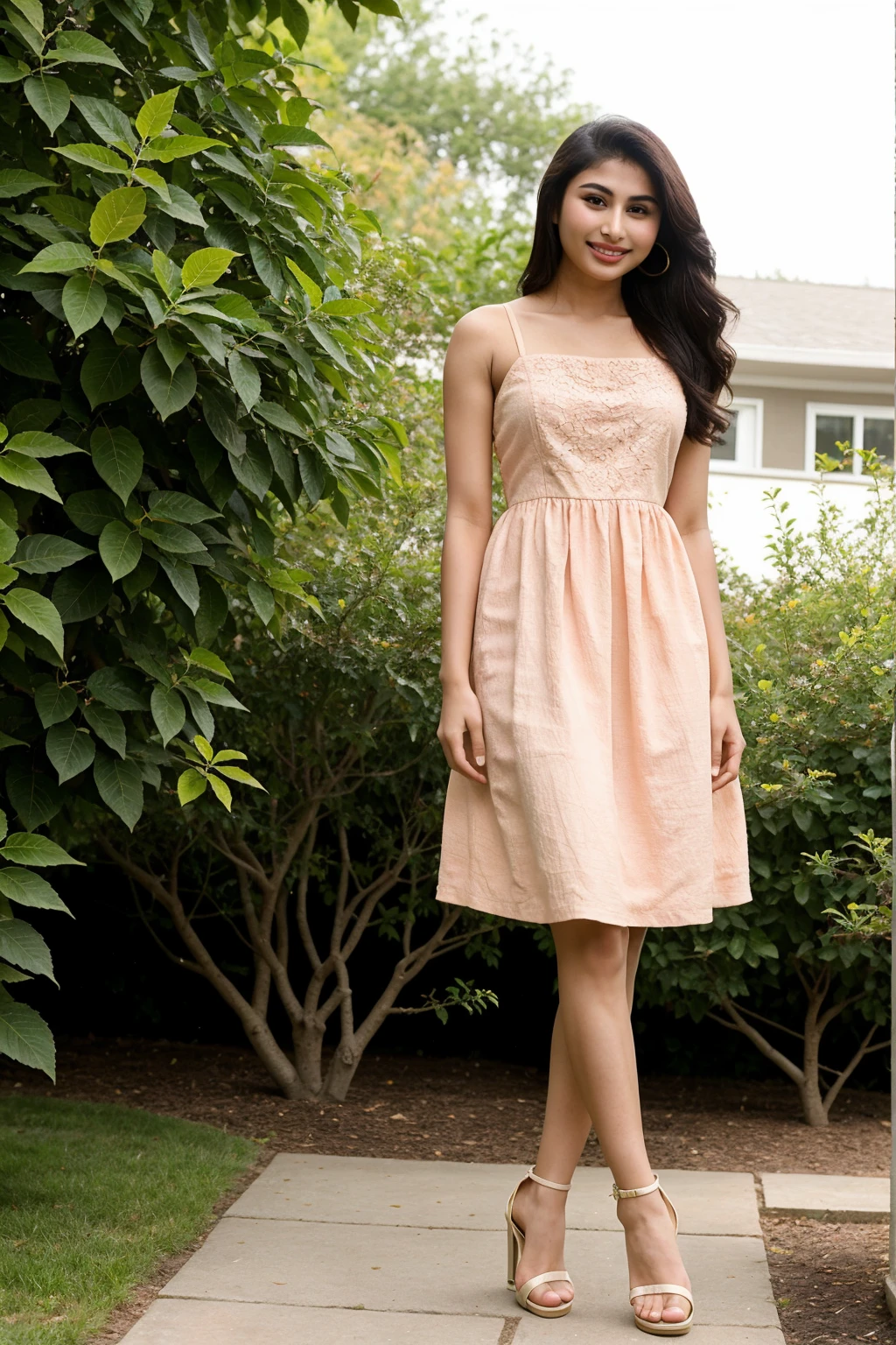 14 years old girl named mouni roy, wearing sundress, closeup full body photo taken on iphone, perfect body, smile, backyard, block heels