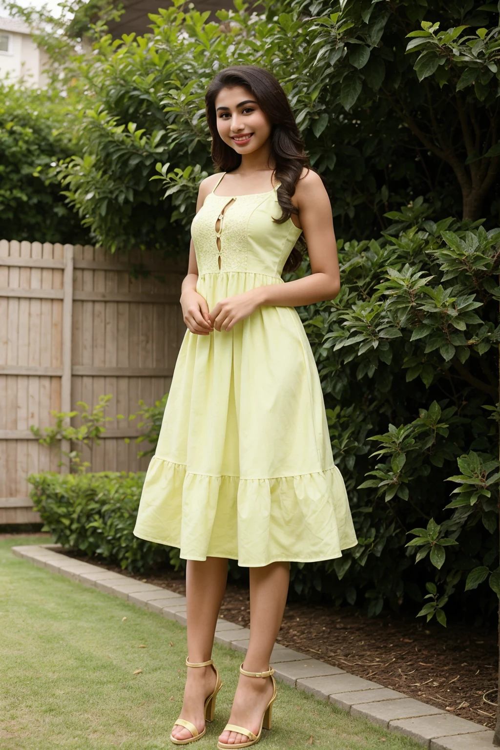 girl named mouni roy, wearing sundress, closeup full body photo taken on iphone, perfect body, smile, backyard, block heels