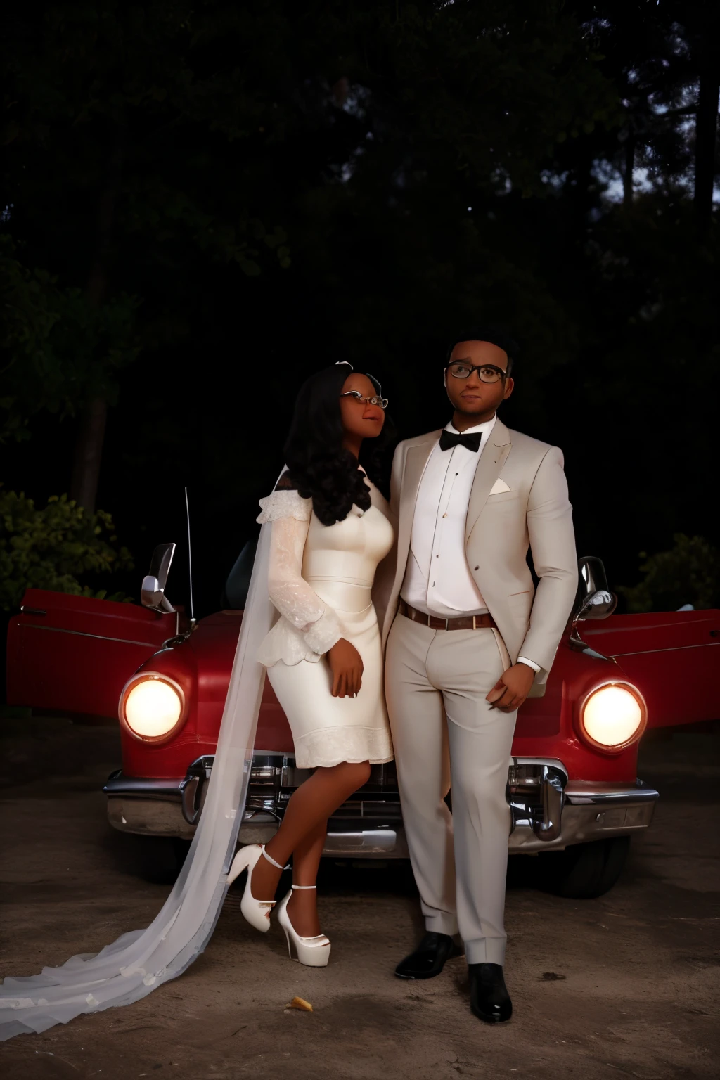 Black Woman and Hispanic man standing in front of vintage red car . Woman has on a cream color dress with a wedding veil on and platform heels . Man has on an ivory color suite with glasses on and a black bow tie . The theme is engagement photos