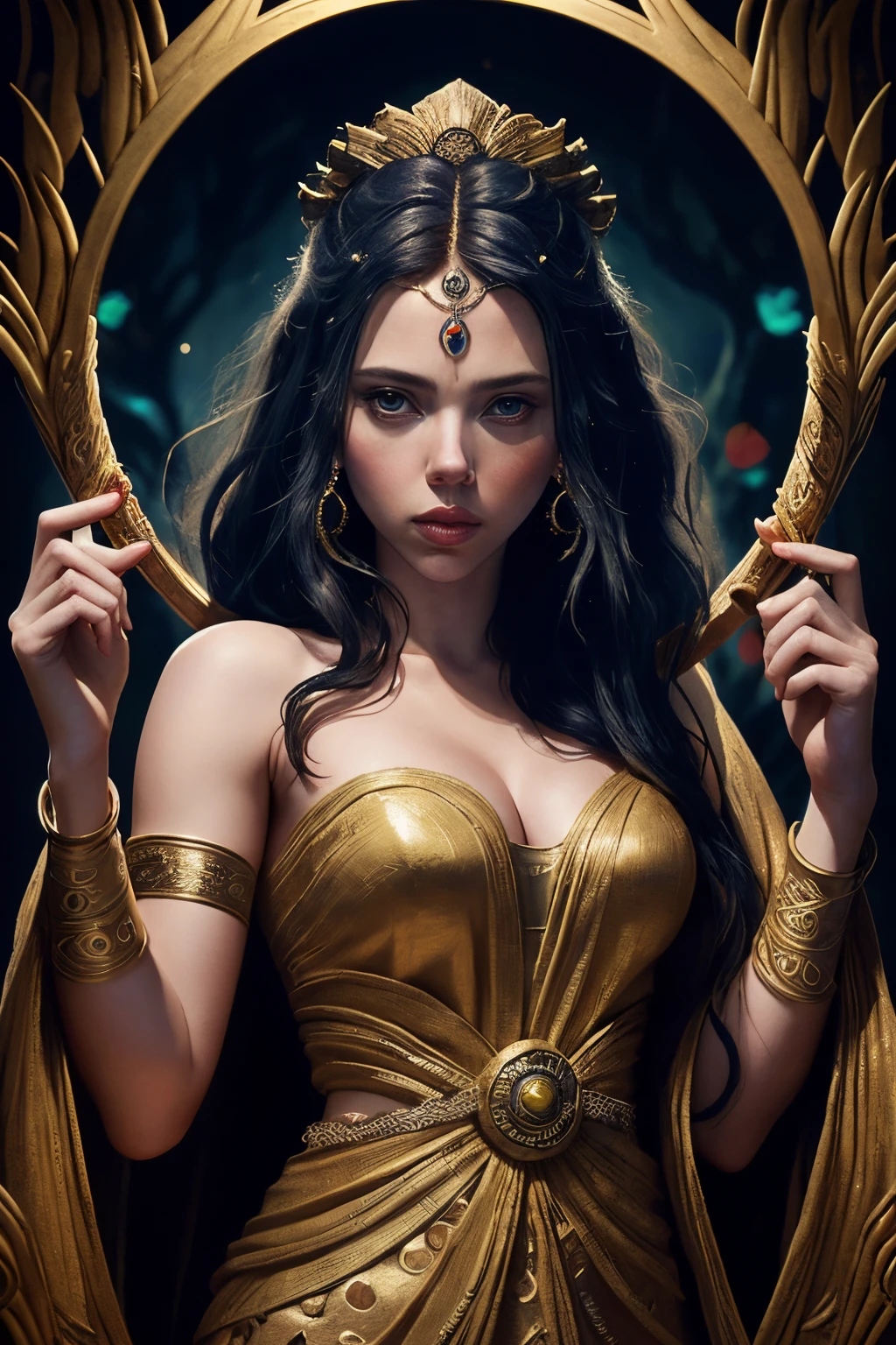"Imagine an AI-generated artwork that envisions Scarlett Johansson as a mythical figure from ancient mythology. Picture her embodying the essence of a powerful and captivating mythological character, such as a goddess, sorceress, or legendary heroine. Incorporate elements from various mythologies, blending iconic symbols and motifs to create a visually compelling narrative around Scarlett Johansson's persona. Surround her with an atmosphere of mystique and fantasy, using a rich and evocative color palette to convey the otherworldly nature of her mythological character. The final image should be a captivating fusion of Scarlett Johansson's modern allure and the timeless mysticism of ancient mythological tales."