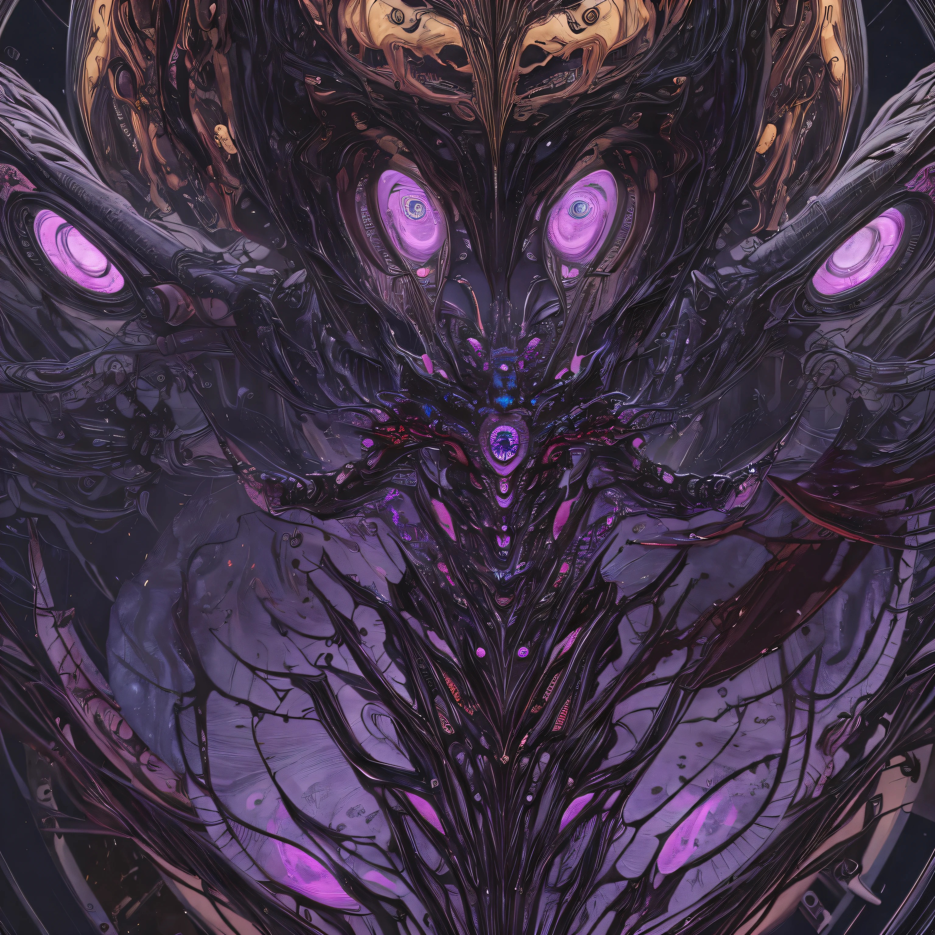 (masterpiece, best quality: 1.2), ultra detailed, highest detail, (body horror: 1.4), (biomachine: 1.3), (bloody: 1.2), living being, (colorful: -1.0), (machine: 1.3), Hans Giger, many hands, (zentangle: 1.2), purple, black color scheme, black ((gravity lord))
