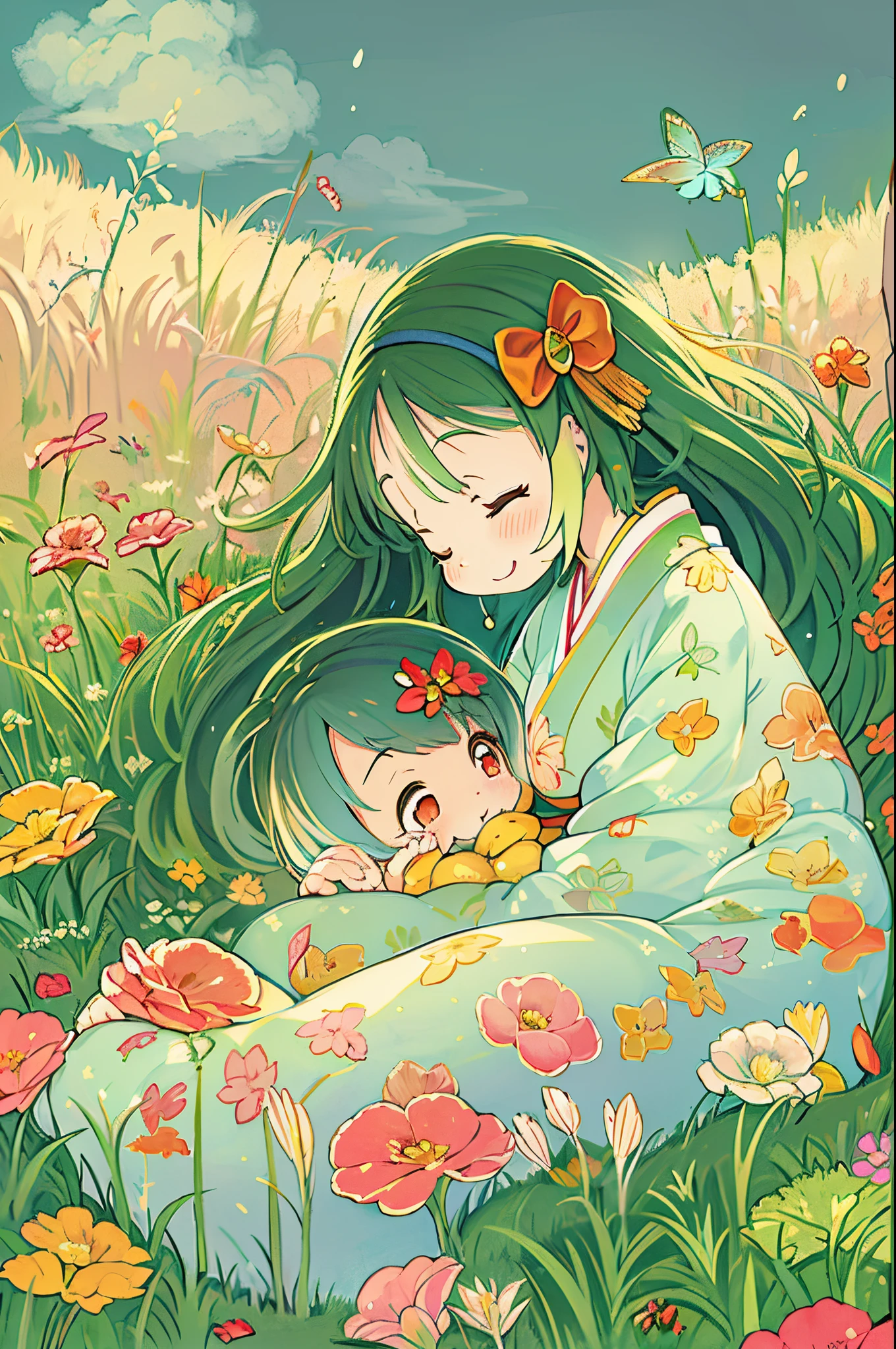 fairytale illustration/Reiko Ikemura, pixabay, simple art, full color illustration, Cute fairy tale illustration, Picture book illustration, Illustration, Hayao Miyazaki's style, In the field, Kimono, Kimono、Two girls、lesbian、Sleep with a happy face