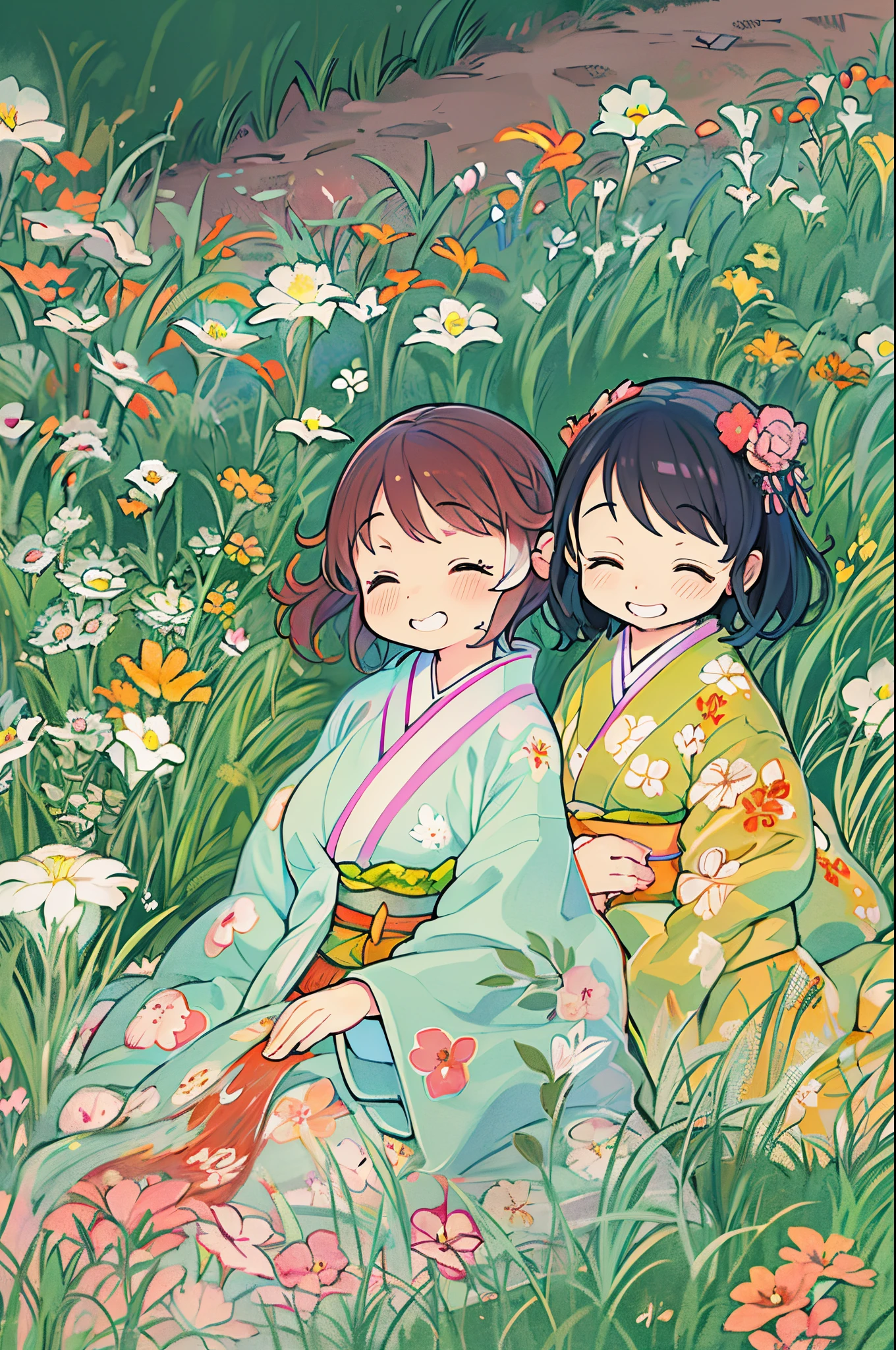 fairytale illustration/Reiko Ikemura, pixabay, simple art, full color illustration, Cute fairy tale illustration, Picture book illustration, Illustration, Hayao Miyazaki's style, In the field, Kimono, Kimono、Two girls、lesbian、Sleep with a happy face