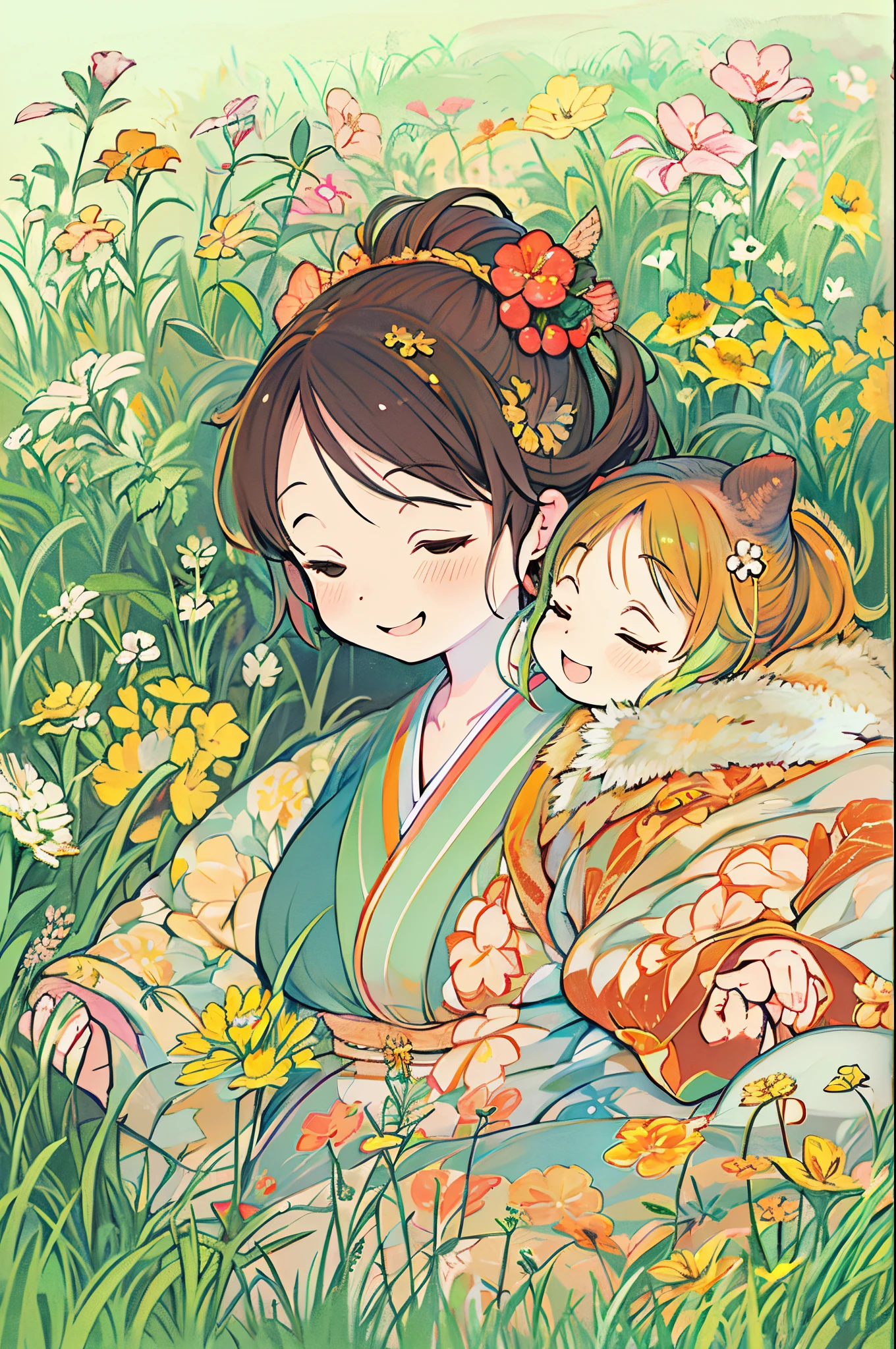 fairytale illustration/Reiko Ikemura, pixabay, simple art, full color illustration, Cute fairy tale illustration, Picture book illustration, Illustration, Hayao Miyazaki's style, In the field, Kimono, Kimono、Two girls、lesbian、Sleep with a happy face