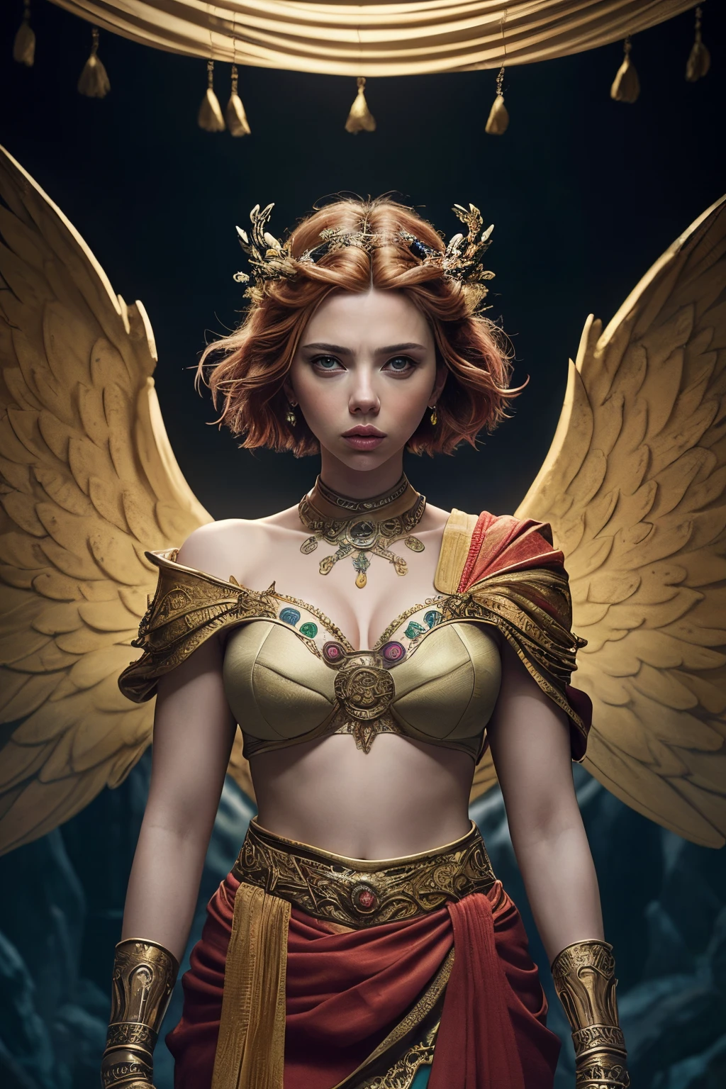 "Generate an AI-powered artwork that envisions Scarlett Johansson as a mythical figure, embodying the essence of a captivating and powerful character from mythology. Picture her draped in regal and mythical attire, seamlessly blending elements from various mythologies to create a unique, goddess-like presence. Envision her surrounded by symbolic artifacts and motifs that represent strength, beauty, and wisdom. Set the scene against a backdrop that merges fantastical landscapes with elements of ancient mythology, creating an otherworldly atmosphere. Use a rich and vibrant color palette to convey the mystique and allure associated with Scarlett Johansson's portrayal of this mythical character. The final image should be a visually captivating fusion of Scarlett Johansson's charm and the timeless allure of mythological tales."