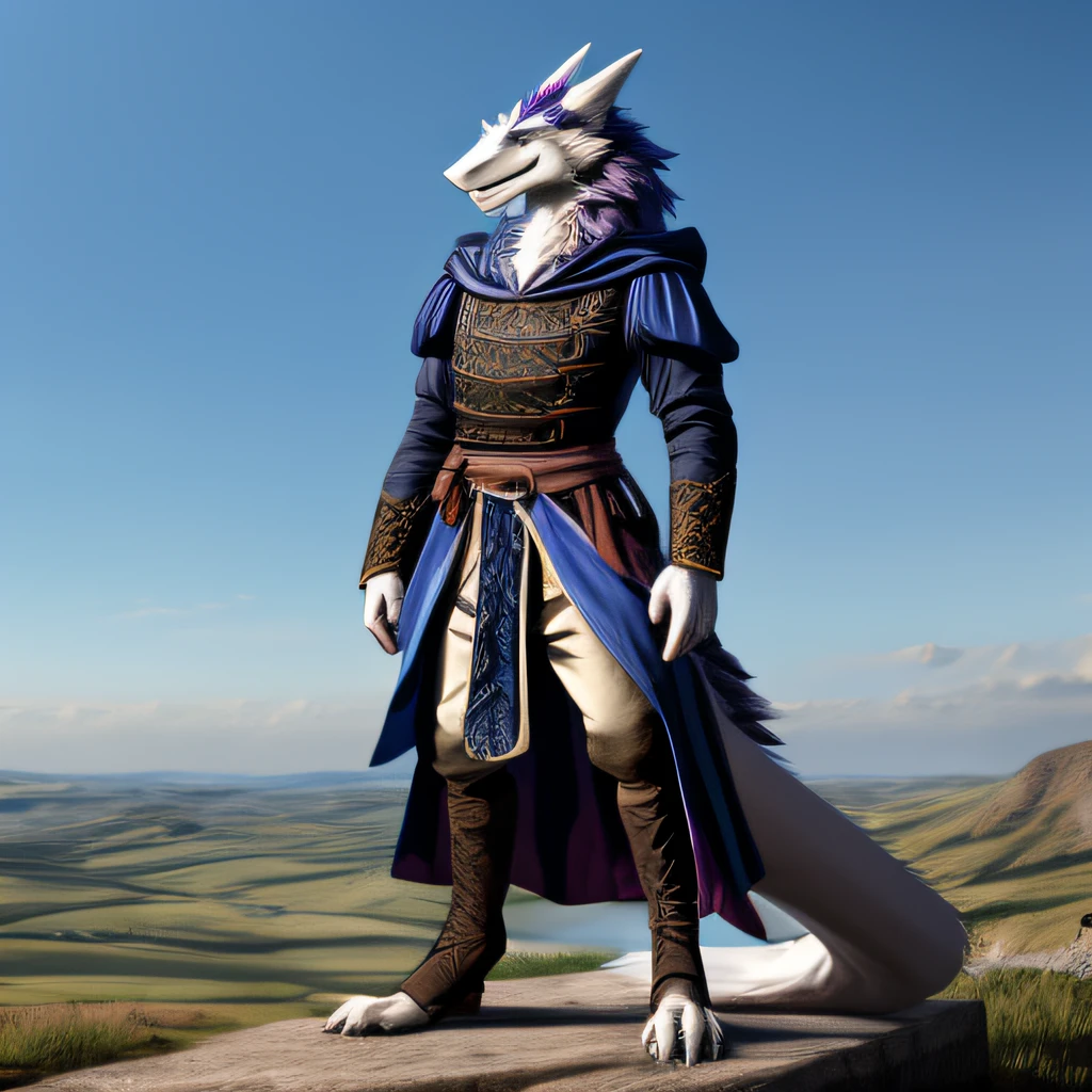 A male sergal character with white and sky blue long fur, fullbody image, wearing medieval aristocrat attire
