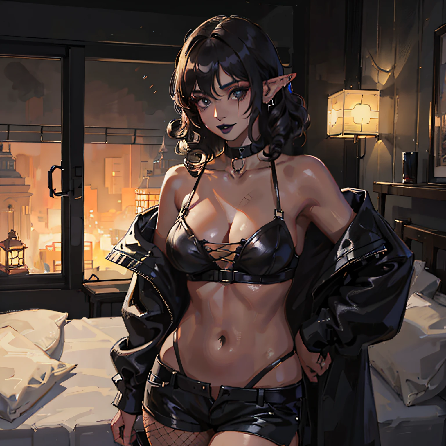 There was a young girl lying in bed, ulzzangs, posing in bed, cutecore, 19-year-old girl, Korean girl, (Original Character、Unity 16K Wallpaper, Masterpiece, Best Quality, Ultra-Detailed, Extremely Detailed CG, Caustics, Cinematic Lighting, Detailed, Beautiful Detailed Eyes, solo,sexy women), Ultra High Resolution, fine skin, (strong light), (black blouse, tight black shorts, black leather stripes, fishnet), oily skin,curby:1.2,sexy women, masterpiece, best quality, 1girl, cute young girl, ager, solo, choker, short hair, black hair, (((very curly hair))), goth girl, black eyes, elven ears, pointed ears, goth party, curvy body:0.5, ((blackmakeup, black eyeshadows, black lipstick,)), (big booty:0.5)