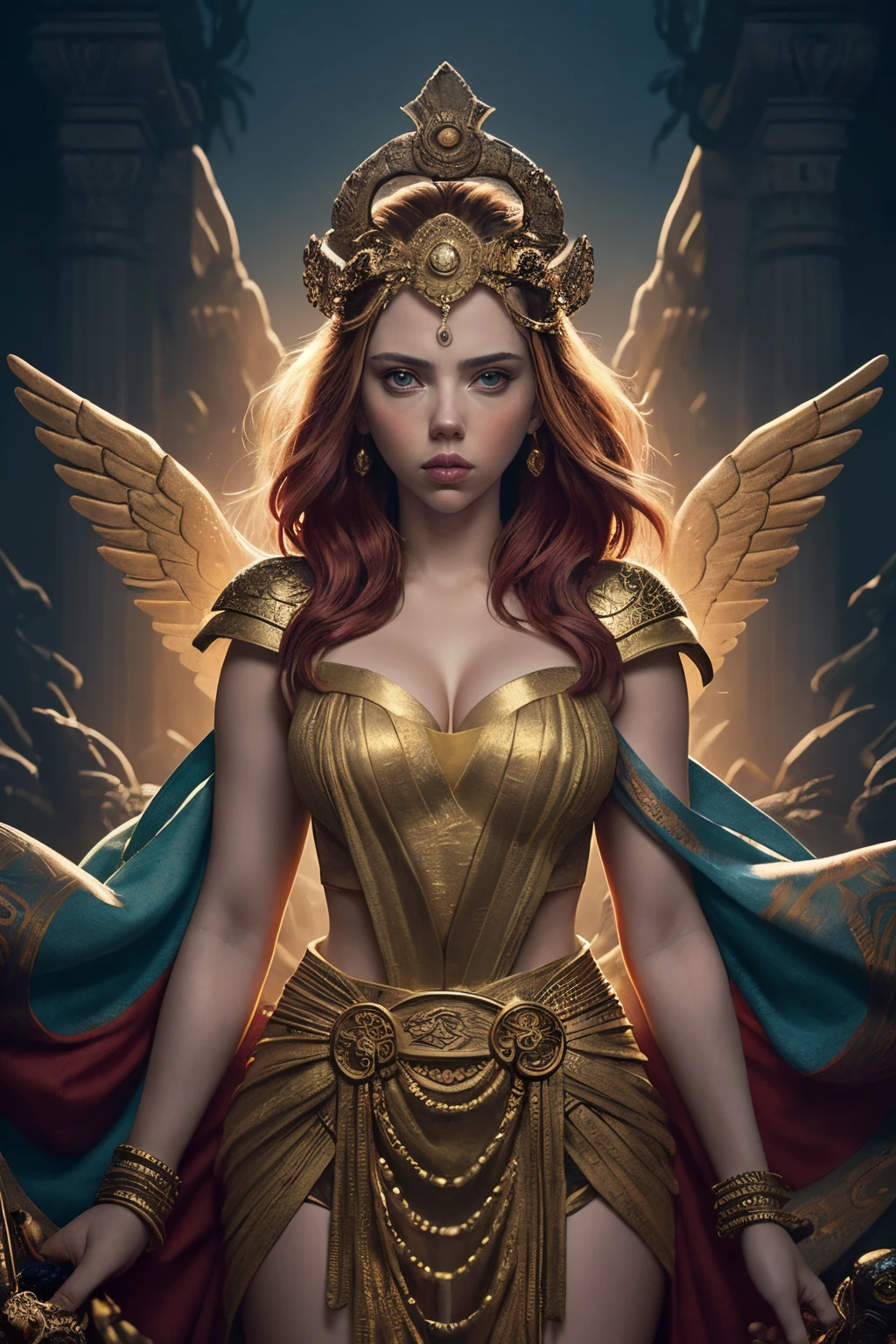 "Imagine an AI-generated artwork that envisions Scarlett Johansson as a mythical figure from ancient mythology. Picture her embodying the essence of a powerful and captivating mythological character, such as a goddess, sorceress, or legendary heroine. Incorporate elements from various mythologies, blending iconic symbols and motifs to create a visually compelling narrative around Scarlett Johansson's persona. Surround her with an atmosphere of mystique and fantasy, using a rich and evocative color palette to convey the otherworldly nature of her mythological character. The final image should be a captivating fusion of Scarlett Johansson's modern allure and the timeless mysticism of ancient mythological tales."