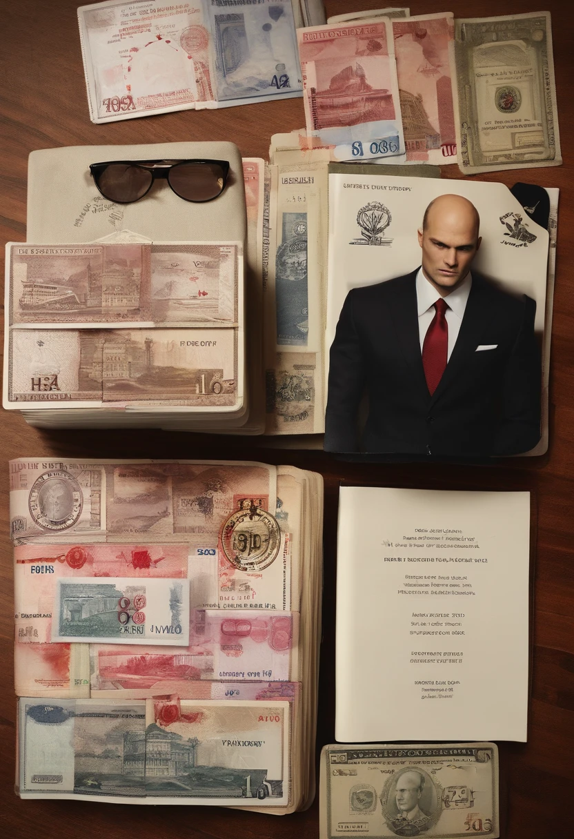 A photo of a passport with various stamps from different countries, along with a stack of foreign currencies next to it.,Hitman series,Agent 47 is bald. 47's typical attire consists of a black suit, black leather gloves and shoes, white dress shirt, and a burgundy tie.