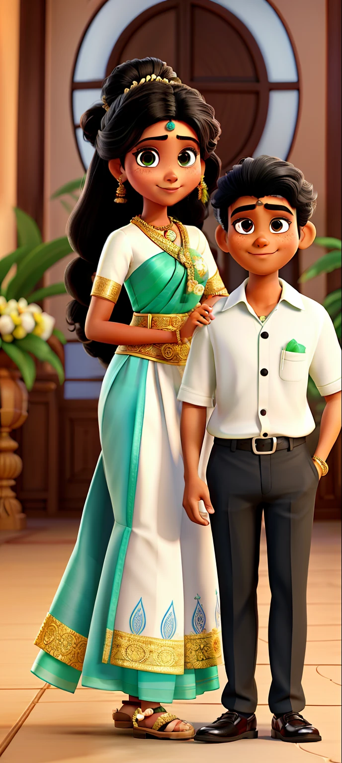 Disney pixar, Sri lankan bride with hair bun and black eyes wearing a white sri lankan kandyan saree and a holding a flower boutique together with a groom with black eyes wearing a green full suit and brown tie.