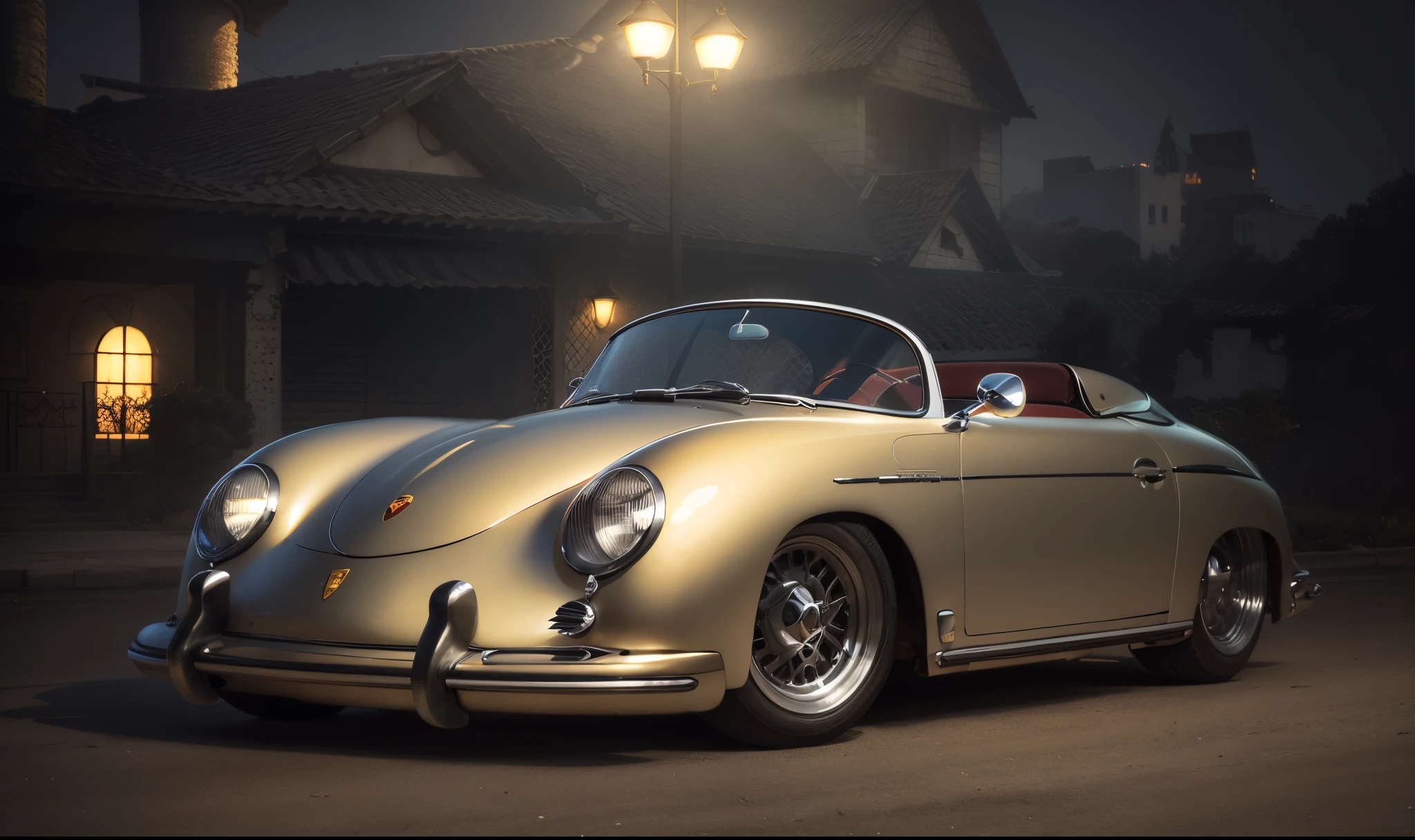 Um imponente e poderoso Porsche 356 Speedster com rodas estilizadas e alongadas, Lighthouses illuminated against the background of beautiful mansions in sunny California, no tempo chuvoso, rua reflexiva, A dystopian futuristic Dieselpunk metropolis with lots of Art Deco architecture, atmosfera sombria, lighting dramatic, foco nítido, qualidade 8k, Foto RAW