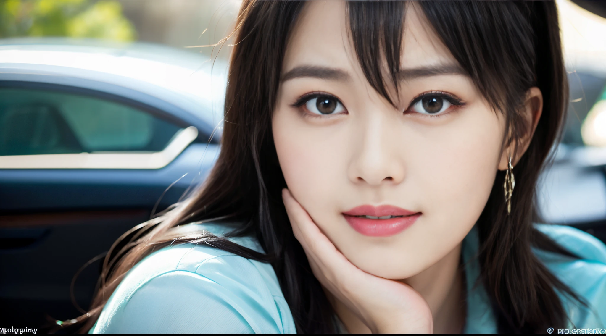 Hyper-realistic 8K，hyper HD，Realiy，the detail，one-girl，Reflect skin texture，Good facial features，Physical coordination，Hands are not displayed，Sitting in a car feels very real，Wear a down jacket，Sweet smile，Dimples on the face，photographrealistic，Realiy感，Morning sun，contrast of light and shadow，lightand shade contrast，Fashionab，canon telephoto lens，Background bokeh，