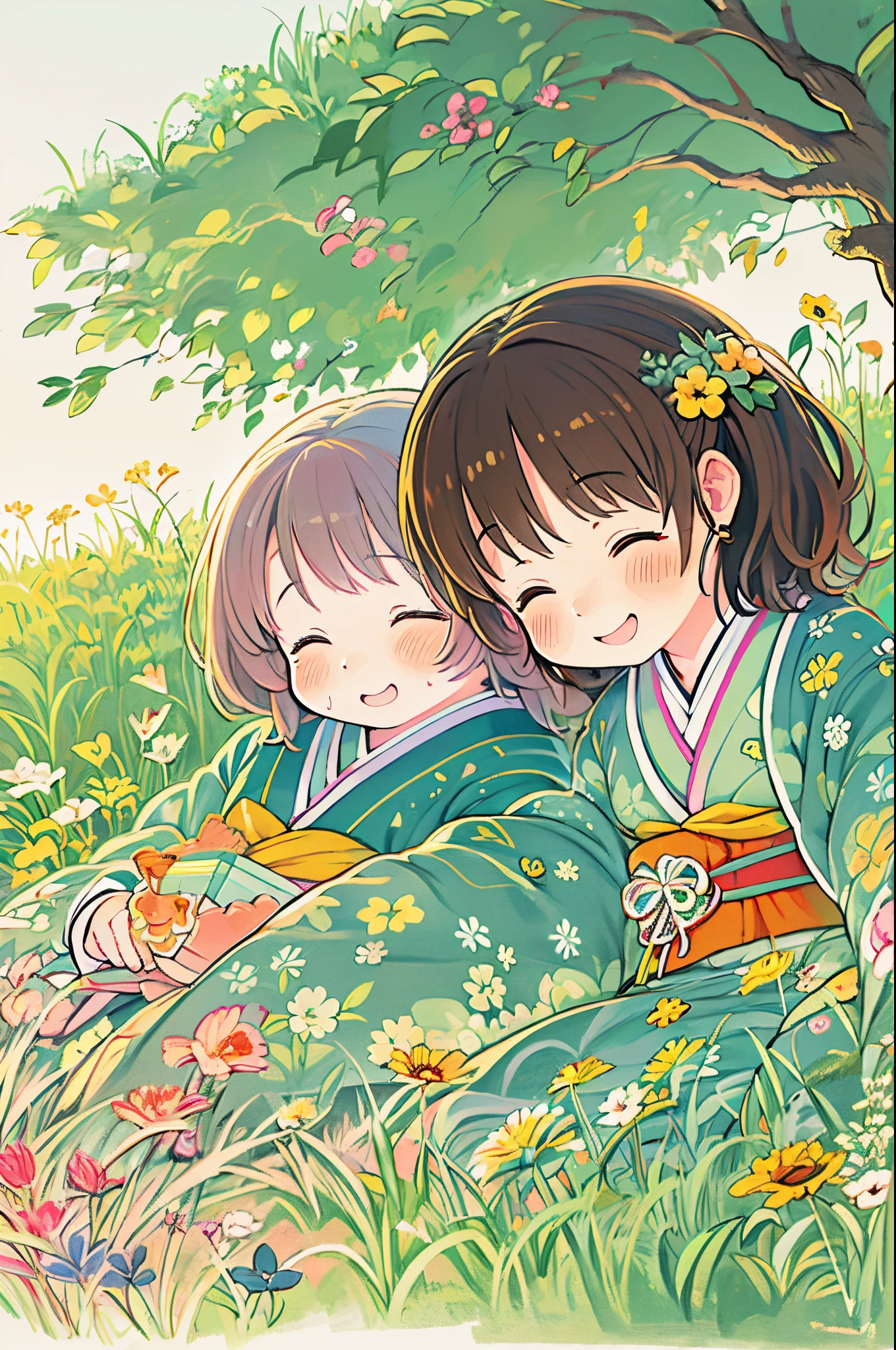 fairytale illustration/Reiko Ikemura, pixabay, simple art, full color illustration, Cute fairy tale illustration, Picture book illustration, Illustration, Hayao Miyazaki's style, In the field, Kimono, Kimono、Two girls、lesbian、Sleep with a happy face、lie down on your side