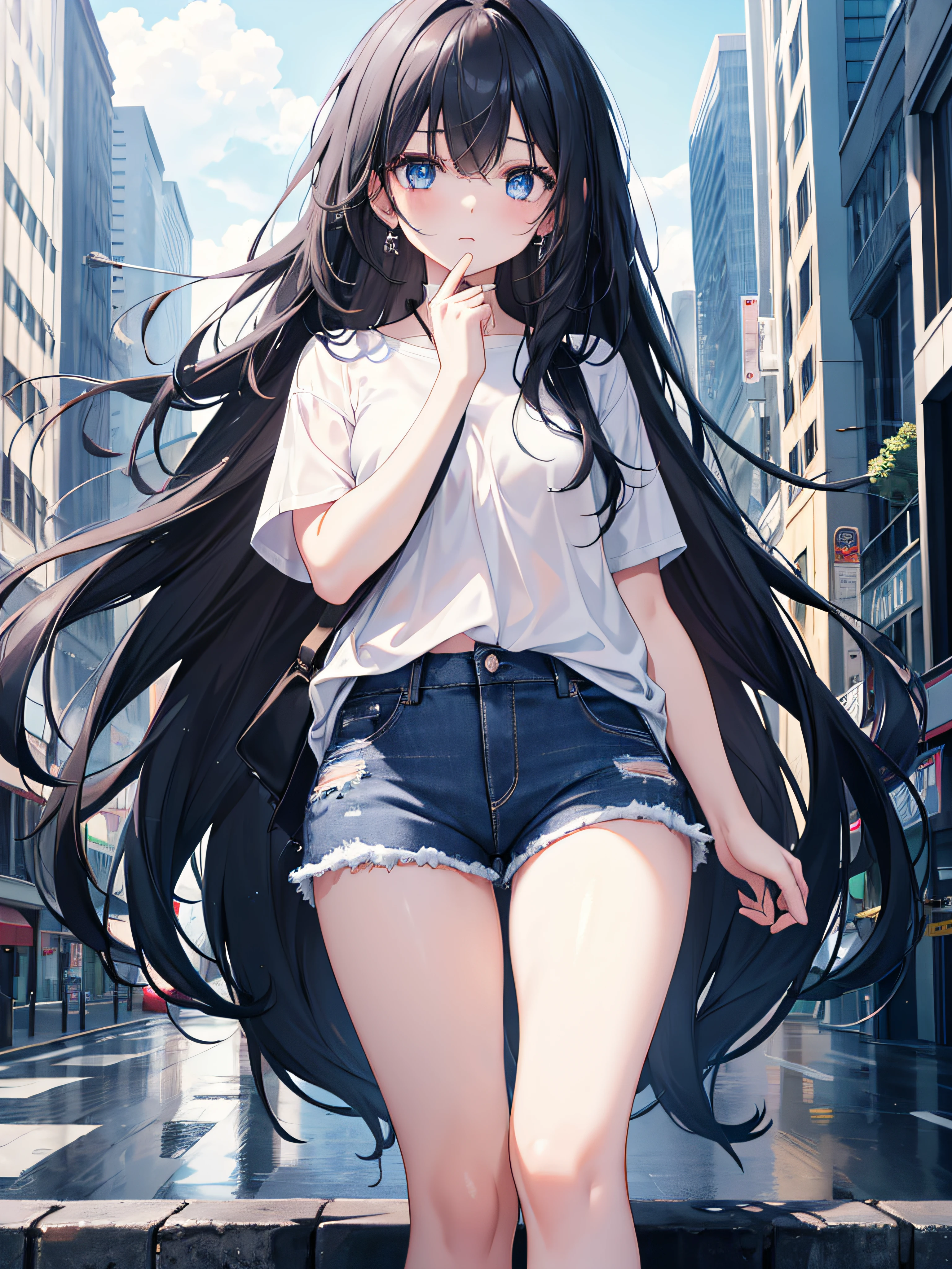 1girl, long black hair, blue eyes, wearing plain white shirt, denim shorts, city, absurdres, high res, ultrasharp, 8K, masterpiece, looking at viewer