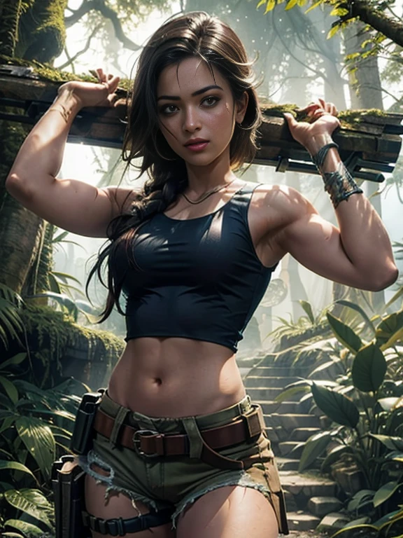 Lara Croft Tomb Raider, blue tank top, torn, sexy, Deusa da sensualidade, Corpo perfeito, Seios empinados e perfeitos, Beleza angelical, Corpo com curvas, pose sensual, Corpo inteiro, Scenery and an Enchanted Forest, Hiper realista, Cores Fortes e vibrantes, 1girl, solo, one girl