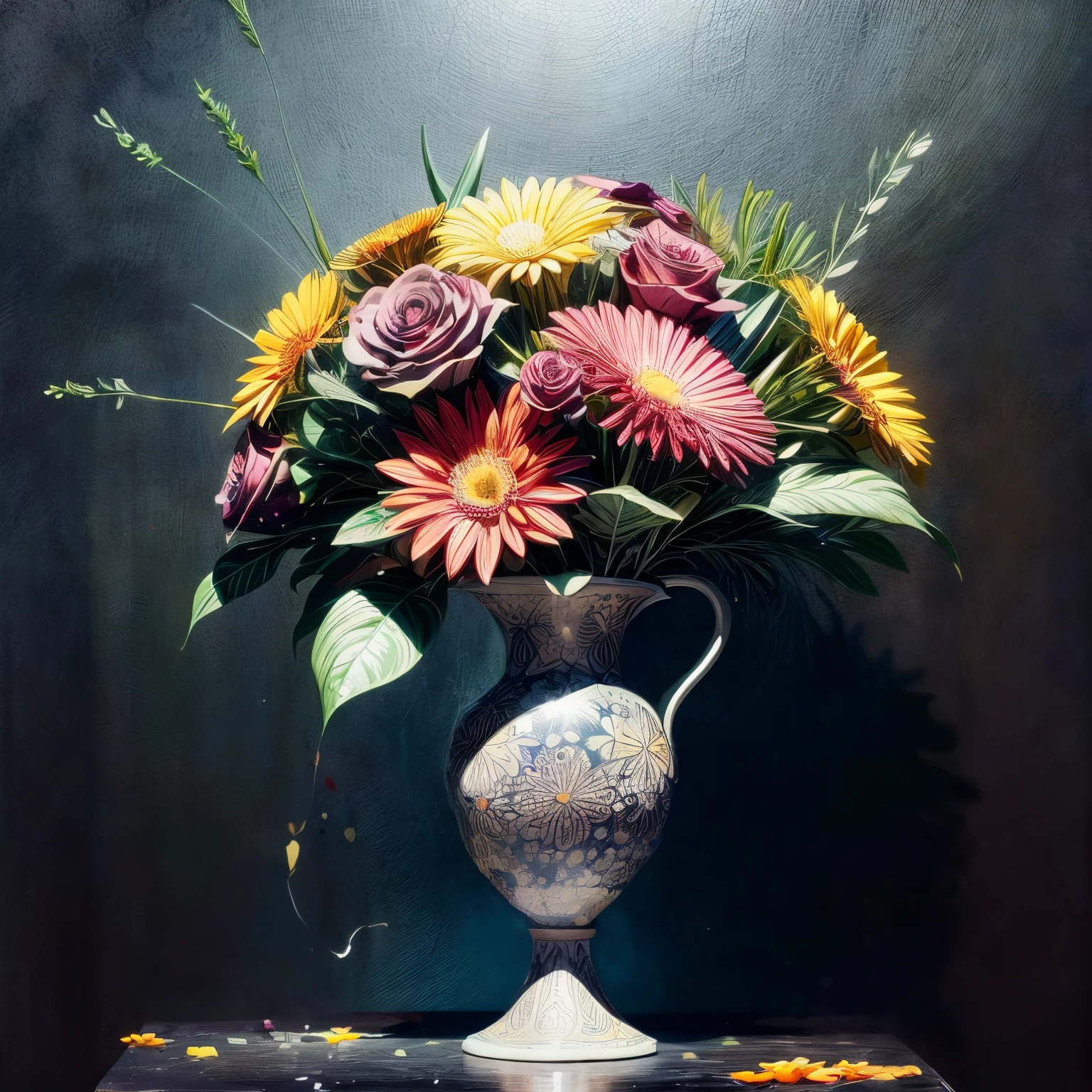 A vase with flowers, wtrcolor style, Digital art of a vase with flowers, beautiful bouquet, spectacular, colourful, official art, masterpiece, Beautiful, ((watercolor)), paint splatter, intricate details. Highly detailed, detailed, [dripping:0.5], Trending on artstation, by Rachel Walker, looking like a real painting, centered, vibrant colours, paint dripping, centered, brush strokes,  extra paint splatters, a lot of paint dripping, paint in the background, black canvas, flowers, no people
