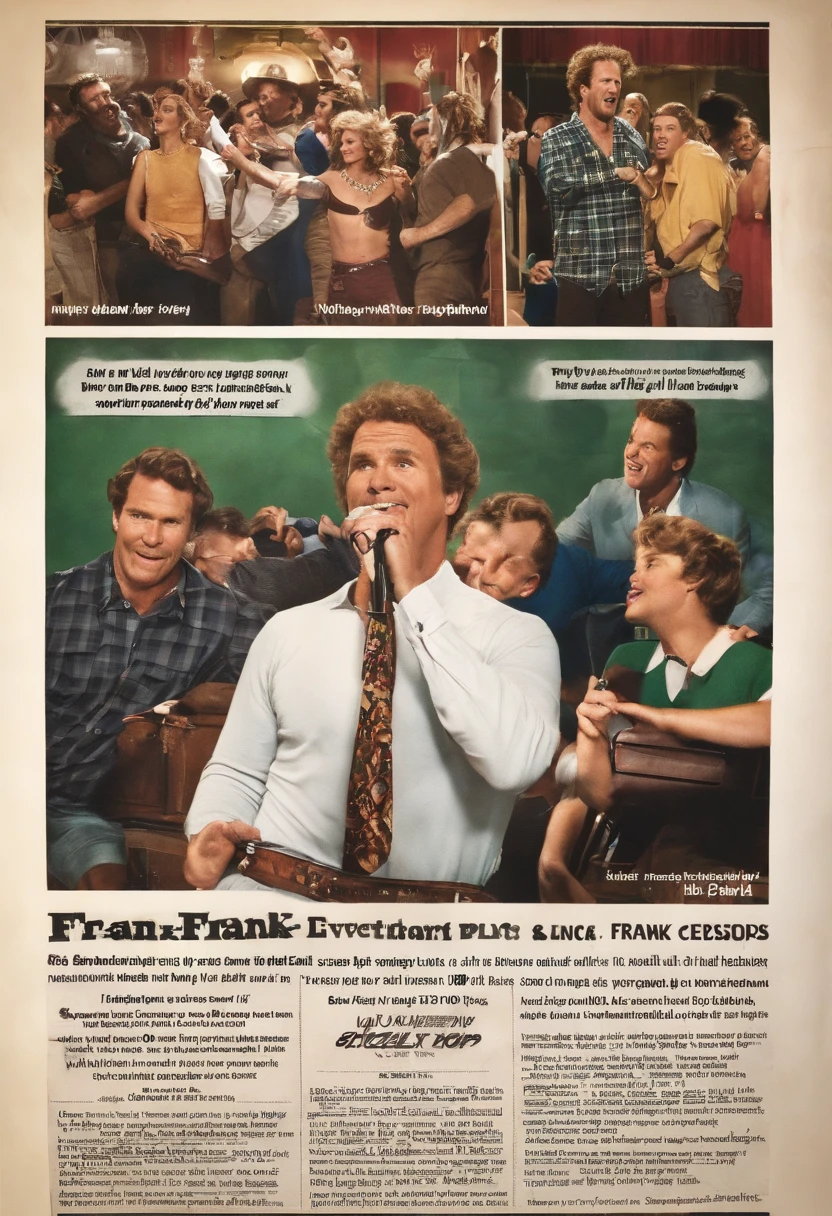 A photo of Frank the Tank doing a karaoke performance with wild enthusiasm.,Old School,Frank, famously known as “Frank the Tank” from the movie “Old School,” played by Will Ferrell, is depicted as an average, middle-aged man who often dresses in casual, nondescript clothing. His look is typical of a suburban, everyman character, with a slightly disheveled style that becomes more pronounced during his wilder moments. In contrast to his usual mundane appearance, Frank’s transformation during his party scenes, where he’s often seen shirtless or in outlandish costumes, highlights the duality of his character.