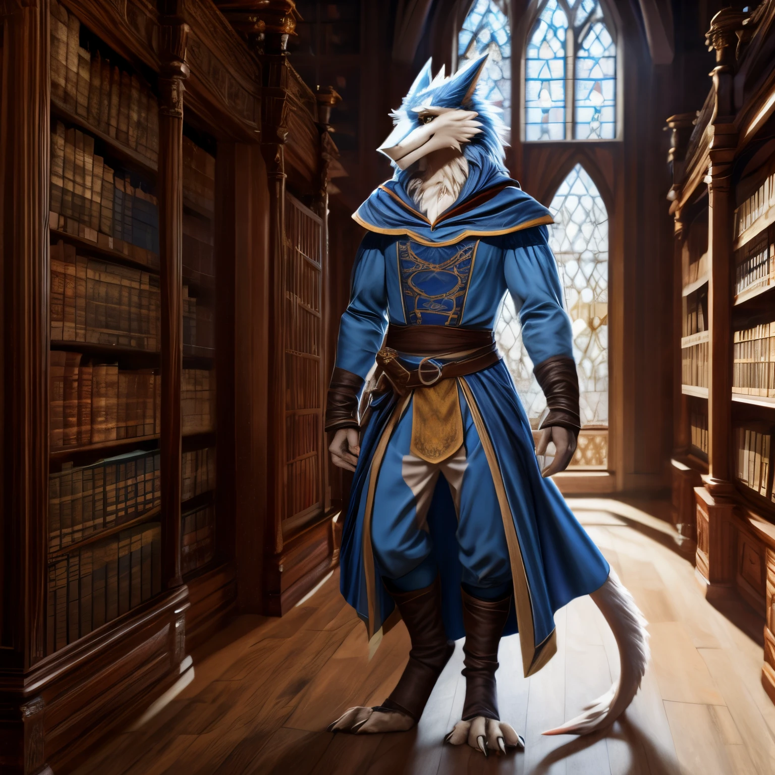 A male sergal character with white and sky blue long fur, fullbody image, wearing medieval aristocrat attire, standing in medieval library