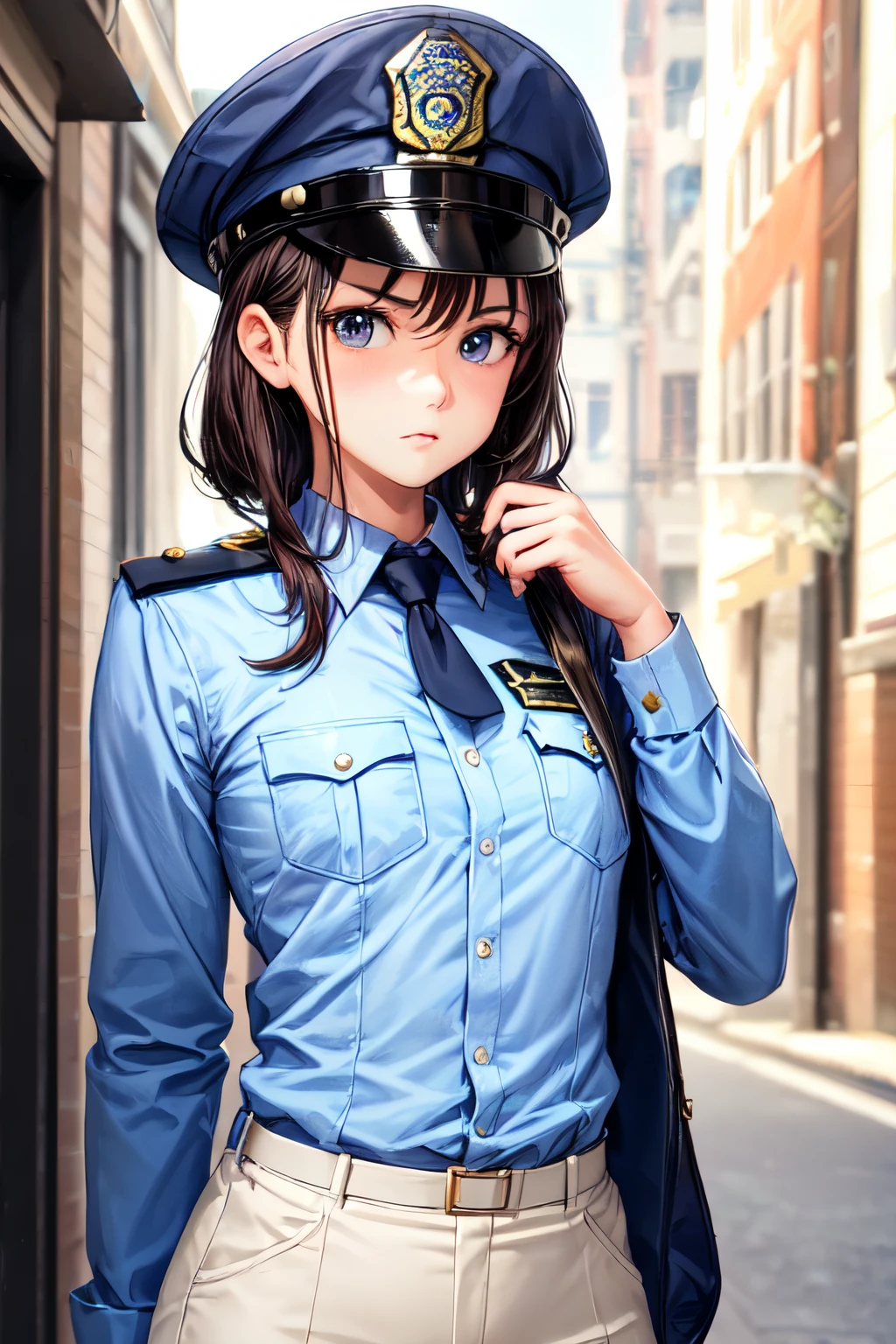 ((Best quality at best)), ((tmasterpiece)), (Detailed pubic hair), s the perfect face,boy,Wearing a police uniform,The expression is serious