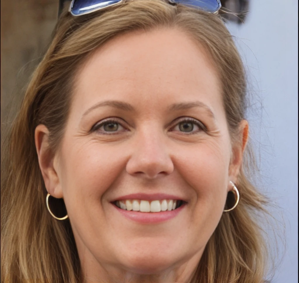 smiling woman with sunglasses on her head and a blue shirt, Laurie Graxa, Laurie graxa, Jennifer Wuestling, taken in the early 2020s, Jenni Pasanen, julia hill, Kathy Zyduck, Karen Vetch, imagem de perfil, Joana Voss, Miranda Meeks, close-up headshot, Ripley Scott