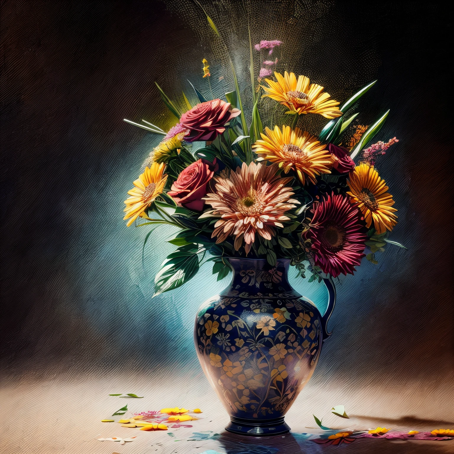 A vase with flowers, wtrcolor style, Digital art of a vase with flowers, beautiful bouquet, spectacular, colourful, official art, masterpiece, Beautiful, ((watercolor)), paint splatter, intricate details. Highly detailed, detailed, [dripping:0.5], Trending on artstation, by Rachel Walker, looking like a real painting, centered, vibrant colours, paint dripping, centered, brush strokes,  extra paint splatters, a lot of paint dripping, paint in the background, black canvas, flowers, no people